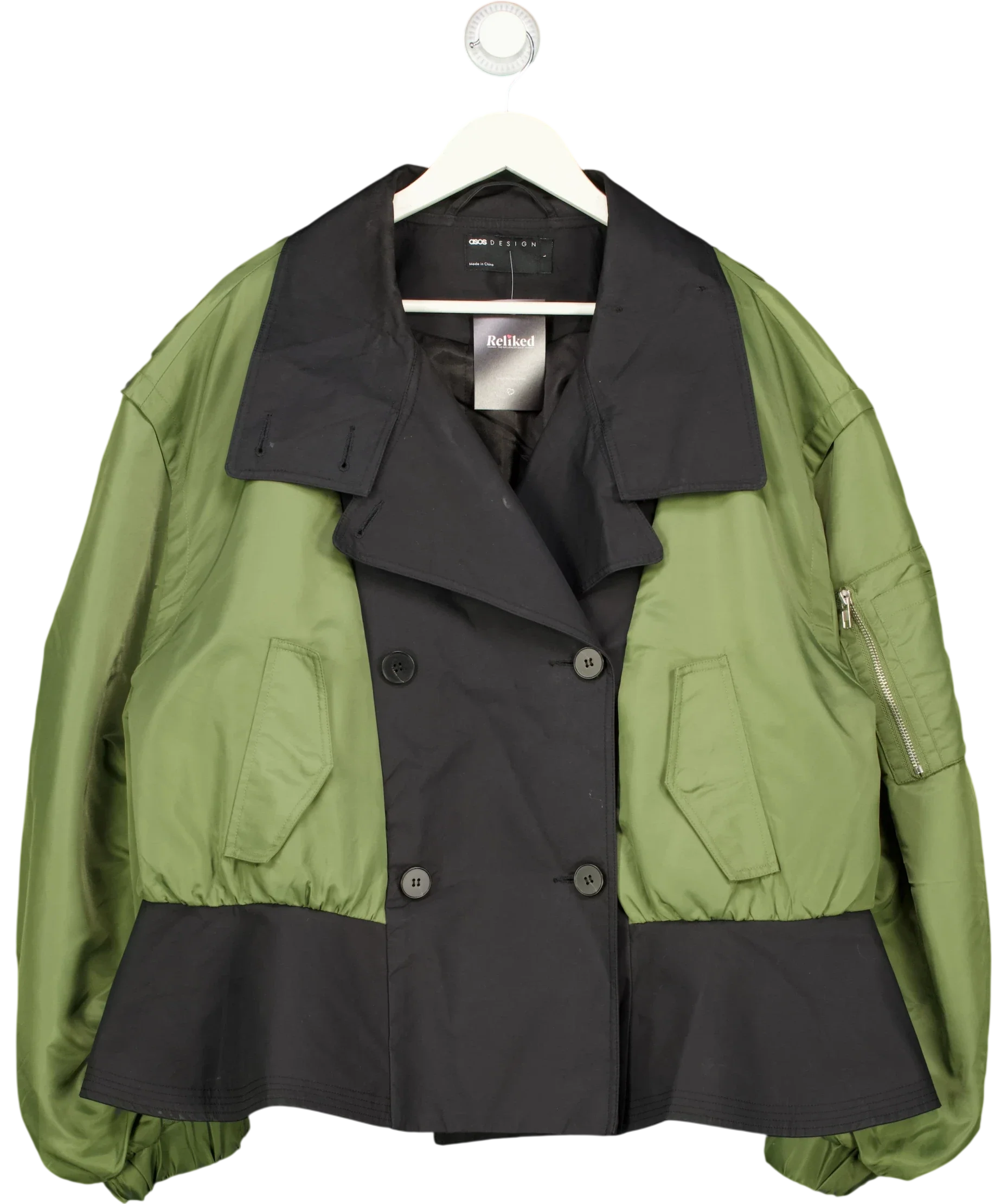 ASOS Green DESIGN Hybrid Trench Bomber Jacket Green Black, size UK L — front