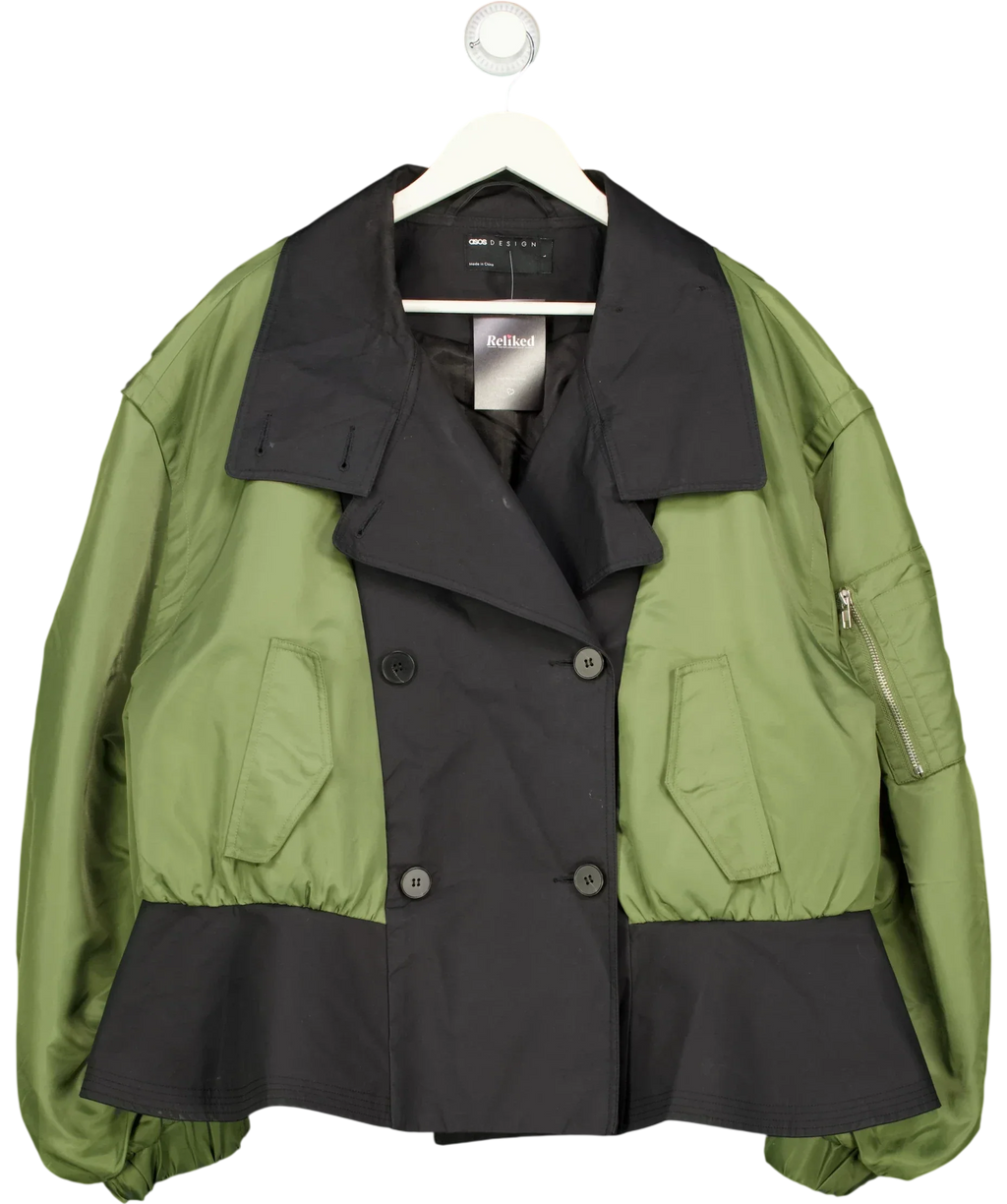 ASOS Green DESIGN Hybrid Trench Bomber Jacket Green Black, size UK L — front