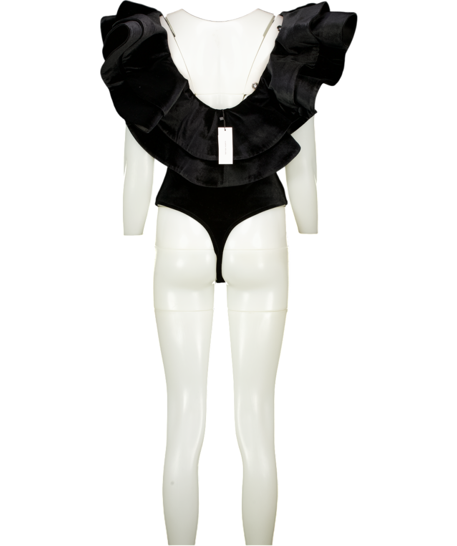 Karen Millen Black Ruffle Velvet V Neck Sleeveless Bodysuit UK XS
