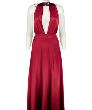 Nadine Merabi Gracie Dark Red Satin  Halter Maxi Dress UK XS