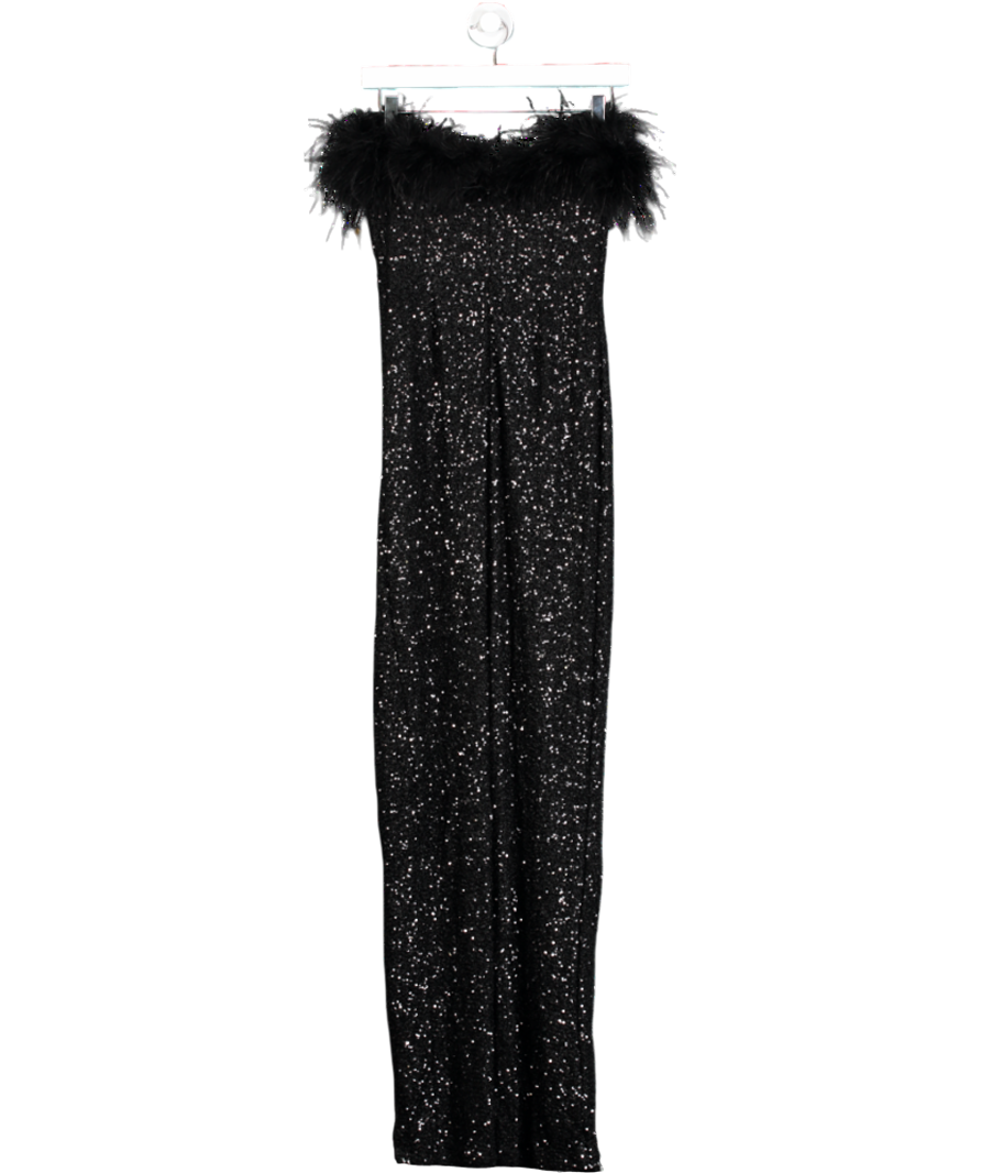 Club L Black Bodycon Sequin Maxi Dress With Feather Trim UK 8