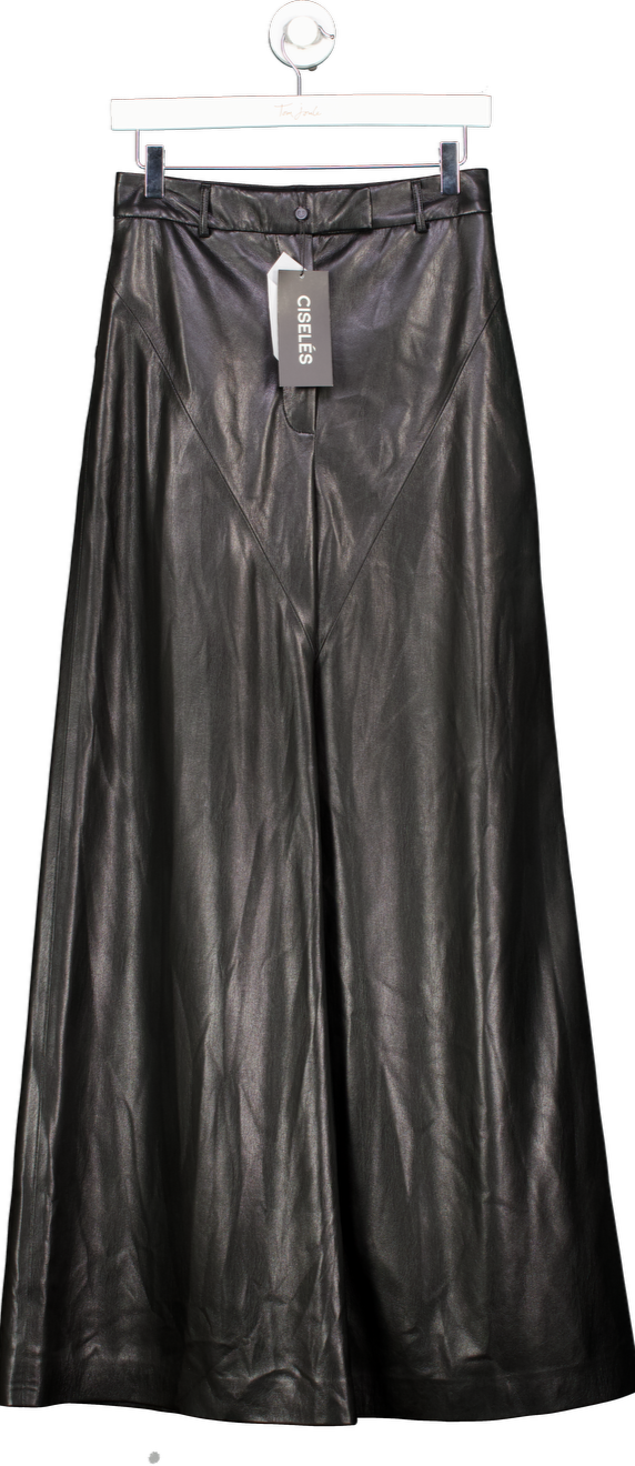 CISELÉS Black Buttery-soft Vegan Leather Wide Leg Trousers UK S
