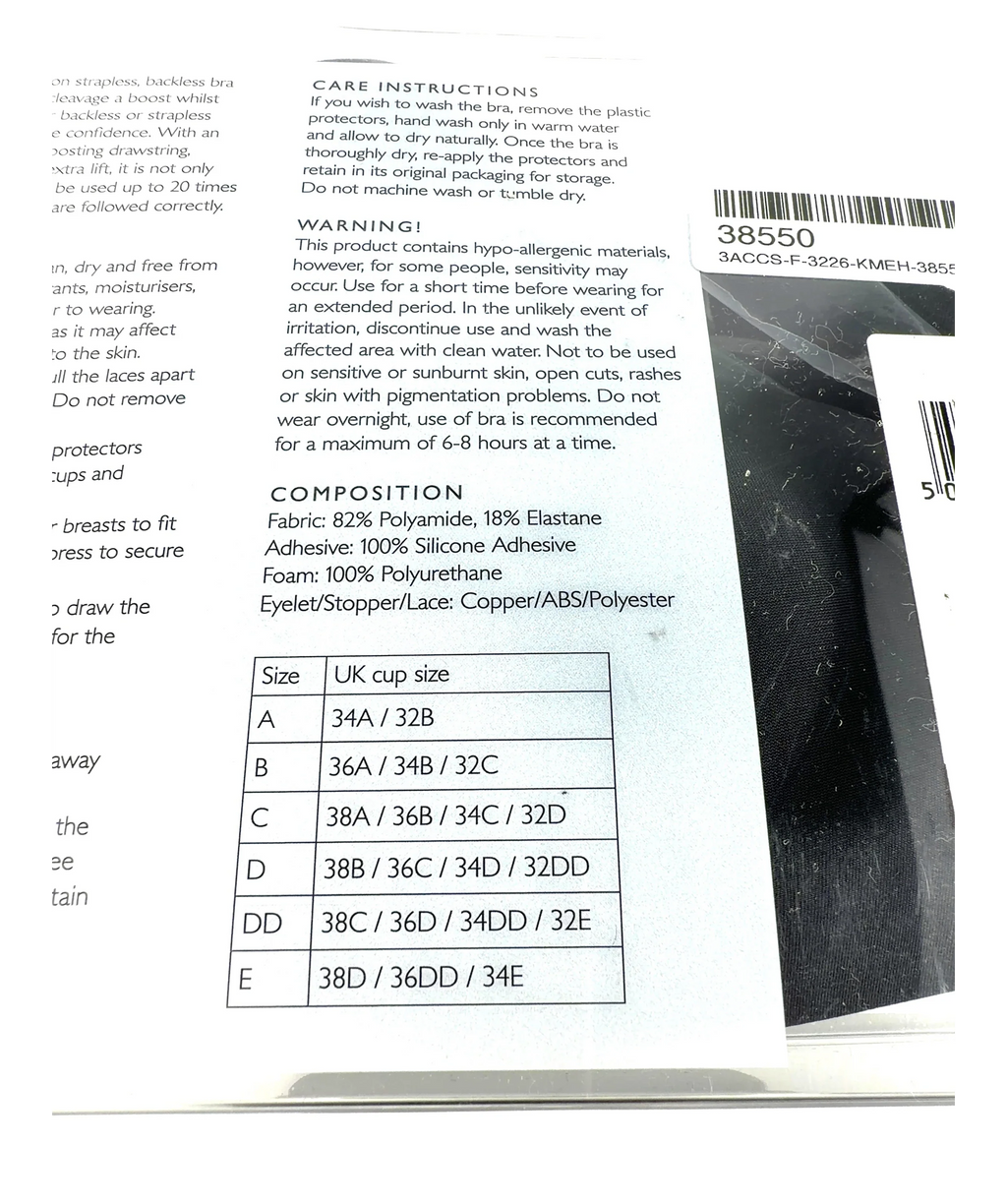 John Lewis Black Lace-Up Adhesive Bra — Materials