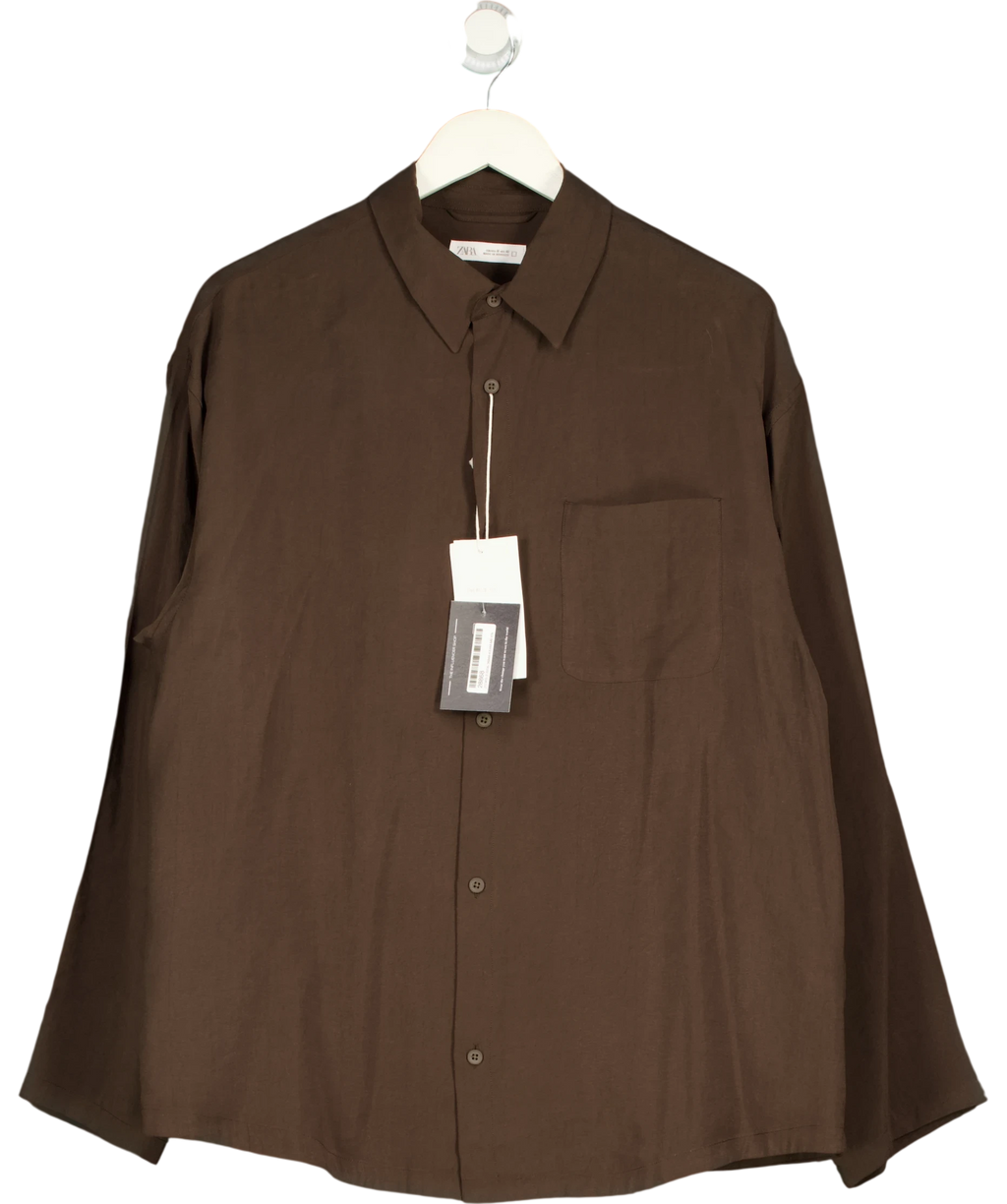 ZARA Brown Linen Regular Fit Shirt UK M — Front