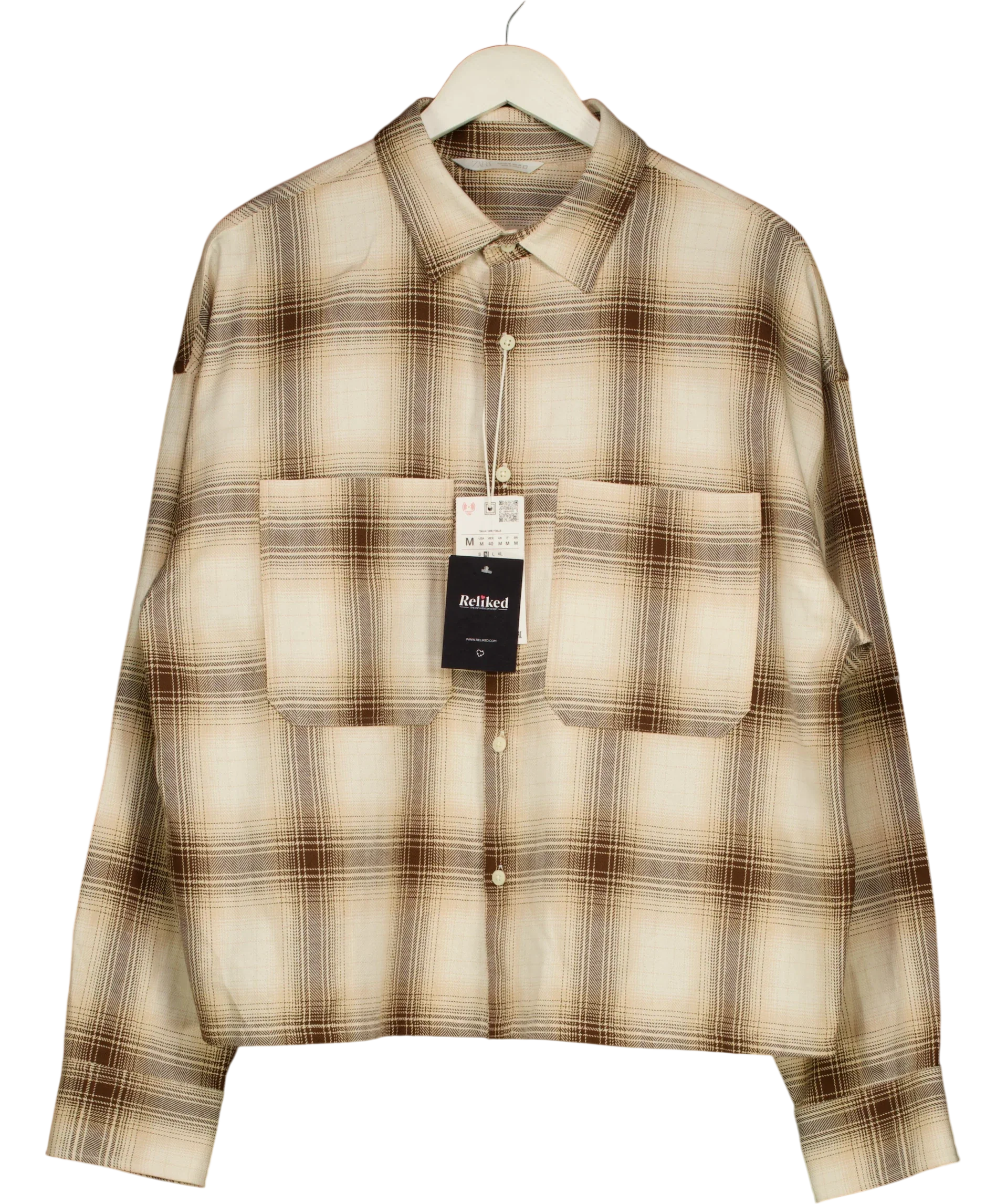 ZARA Beige Relaxed Fit Check Shirt UK M — Front