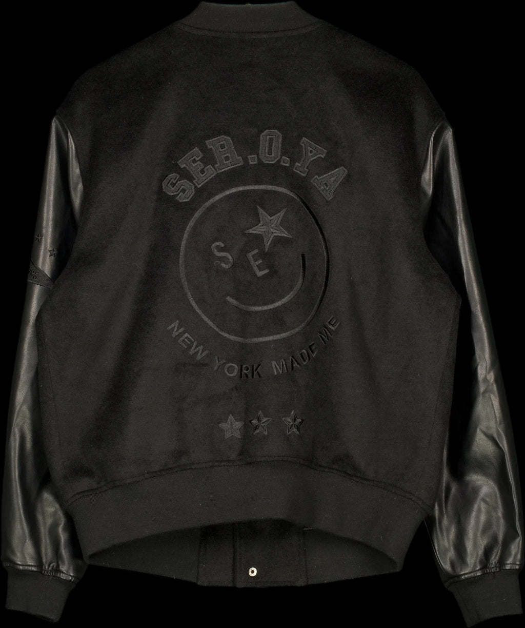 Ser.o.ya Black Malcolm Bomber Varsity Jacket Black, size UK L — label