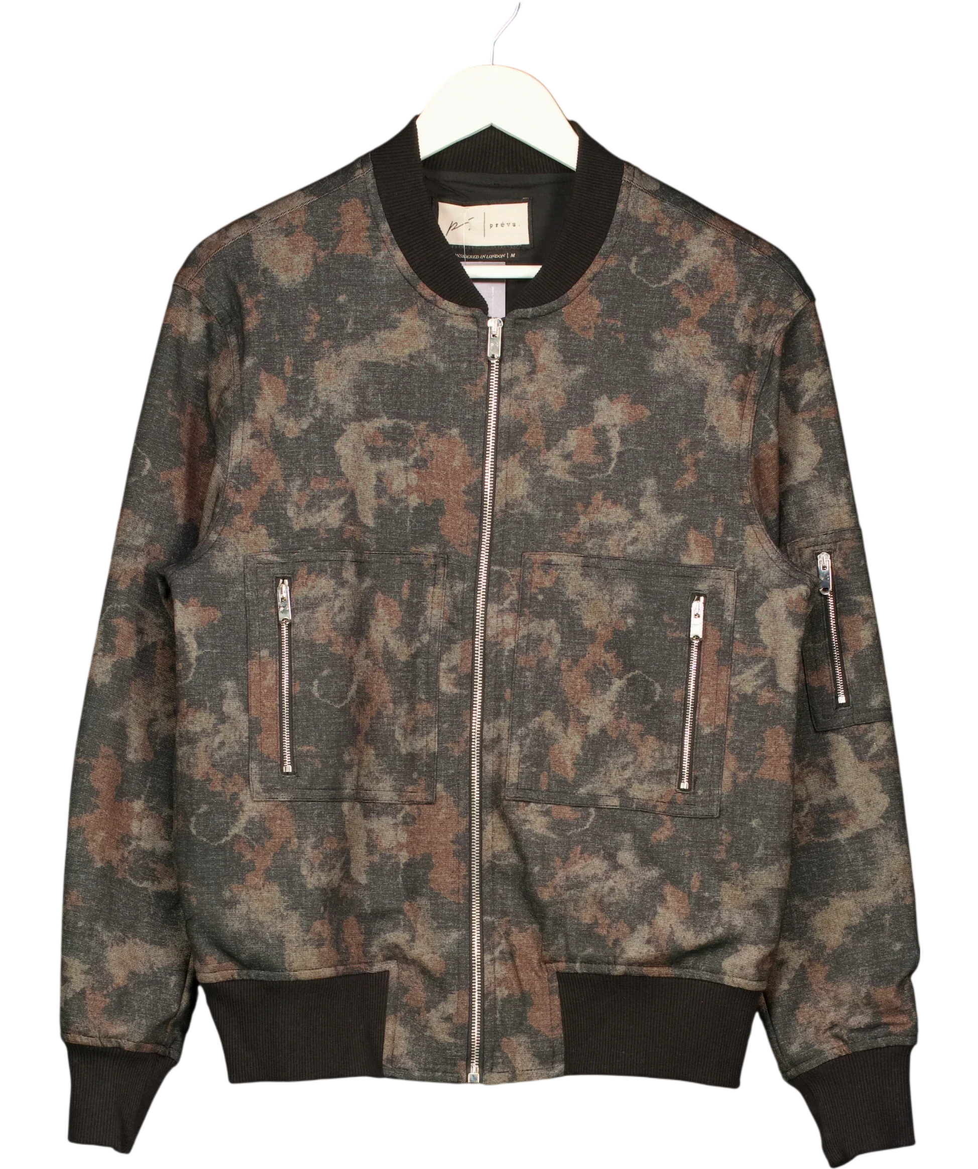 Prevu Black Nant Camouflage Bomber Jacket, size UK M — front