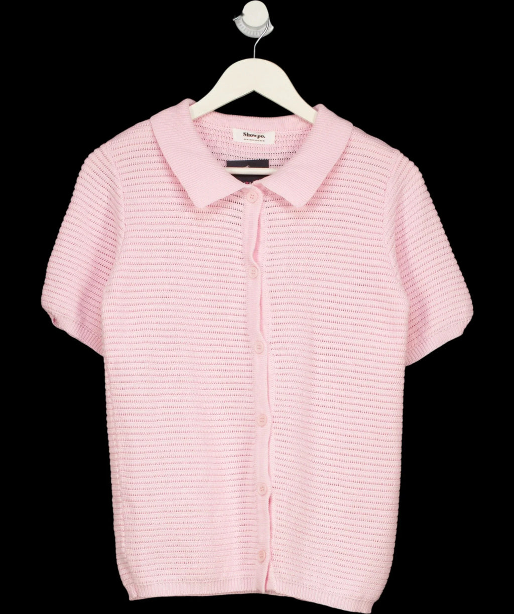 Showpo Pink Short Sleeve Collared Rib Knit Cardigan Top Pink, size UK 10 — detail