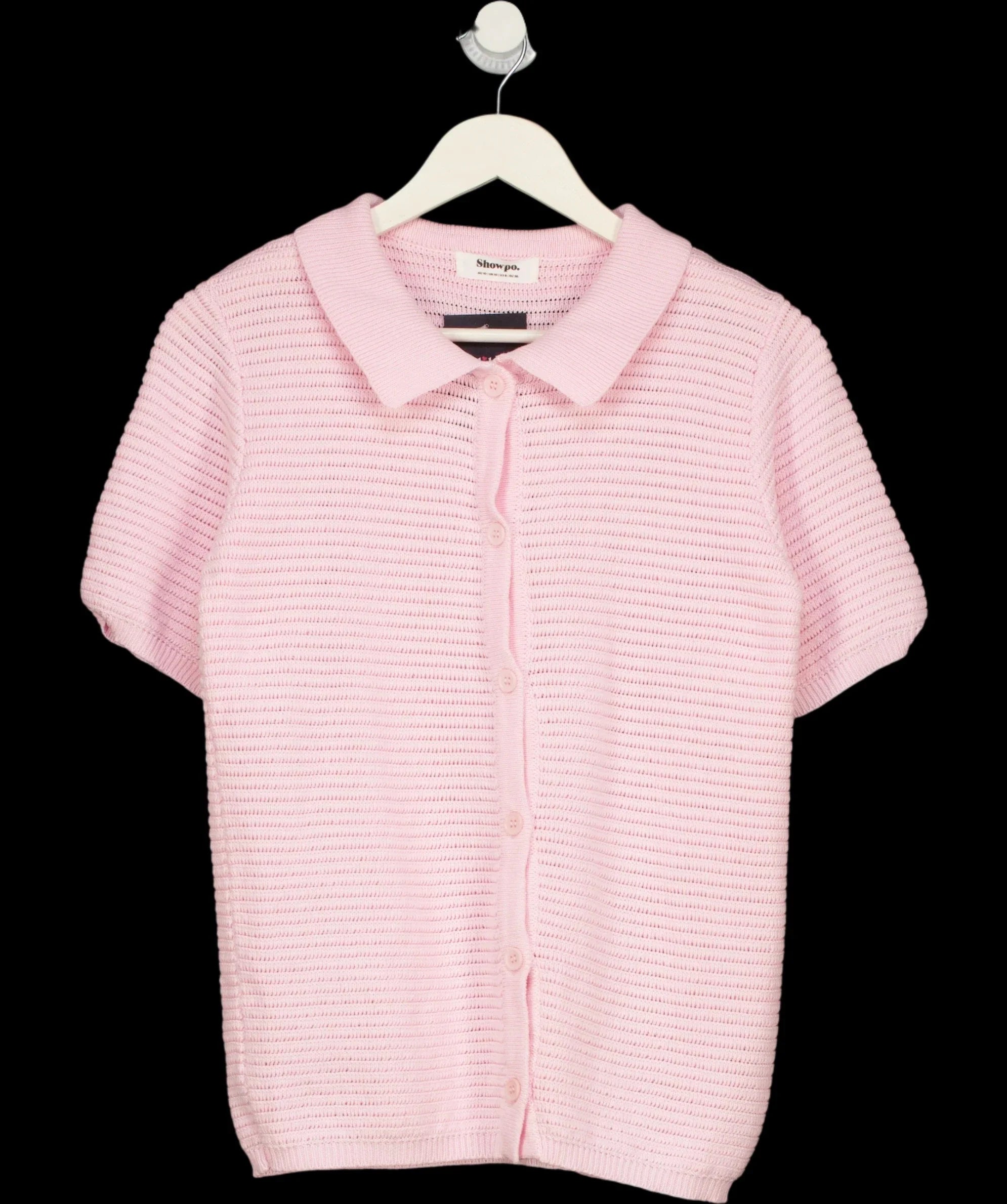 Showpo Pink Short Sleeve Collared Rib Knit Cardigan Top Pink, size UK 10 — detail