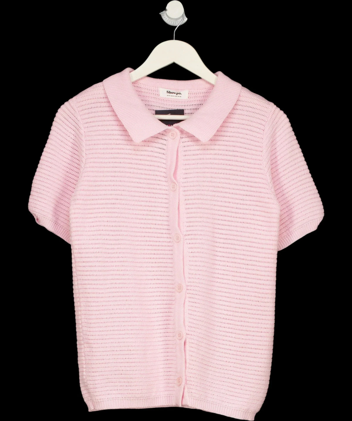 Showpo Pink Short Sleeve Collared Rib Knit Cardigan Top Pink, size UK 10 — detail