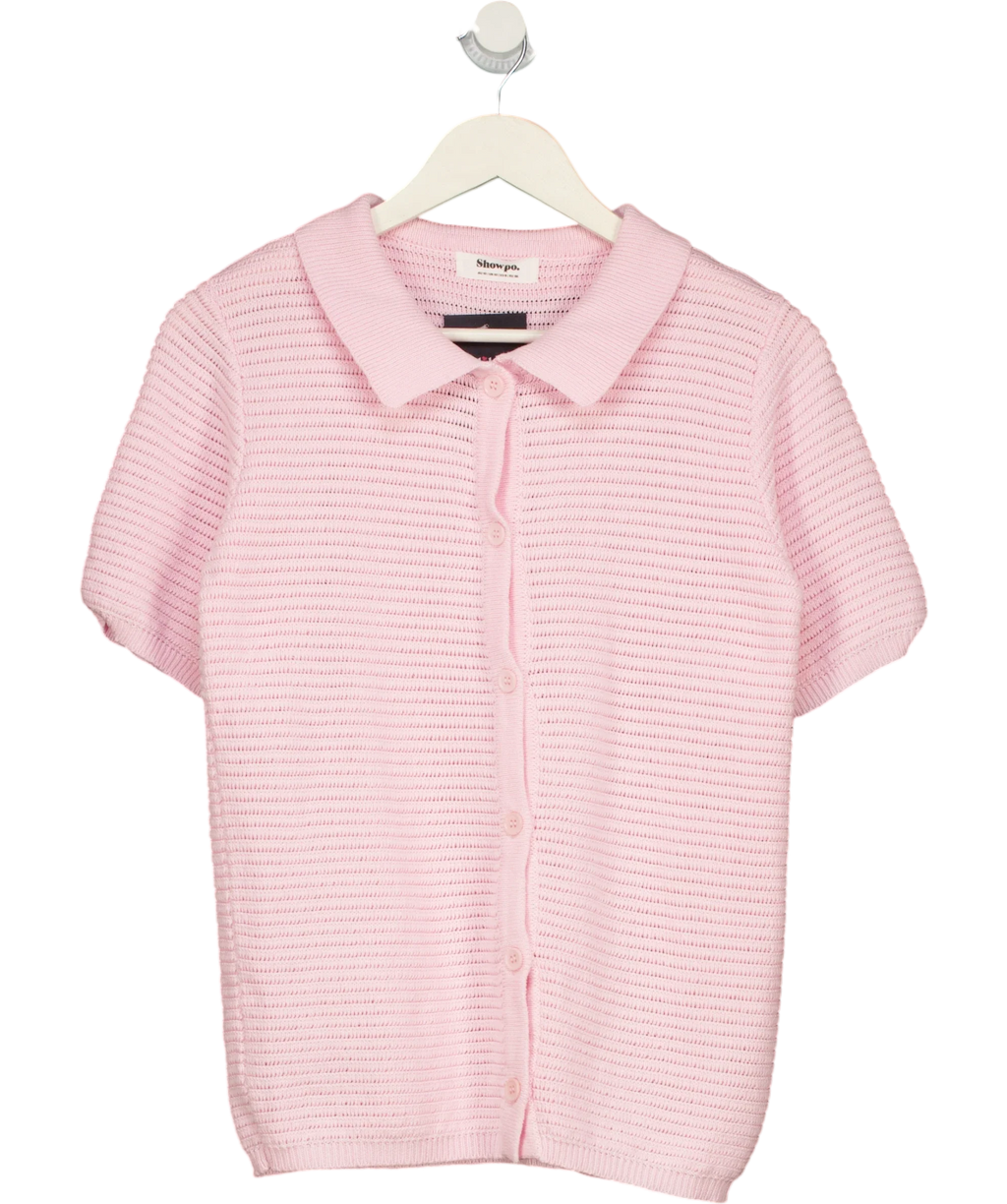 Showpo Pink Short Sleeve Collared Rib Knit Cardigan Top Pink, size UK 10 — front
