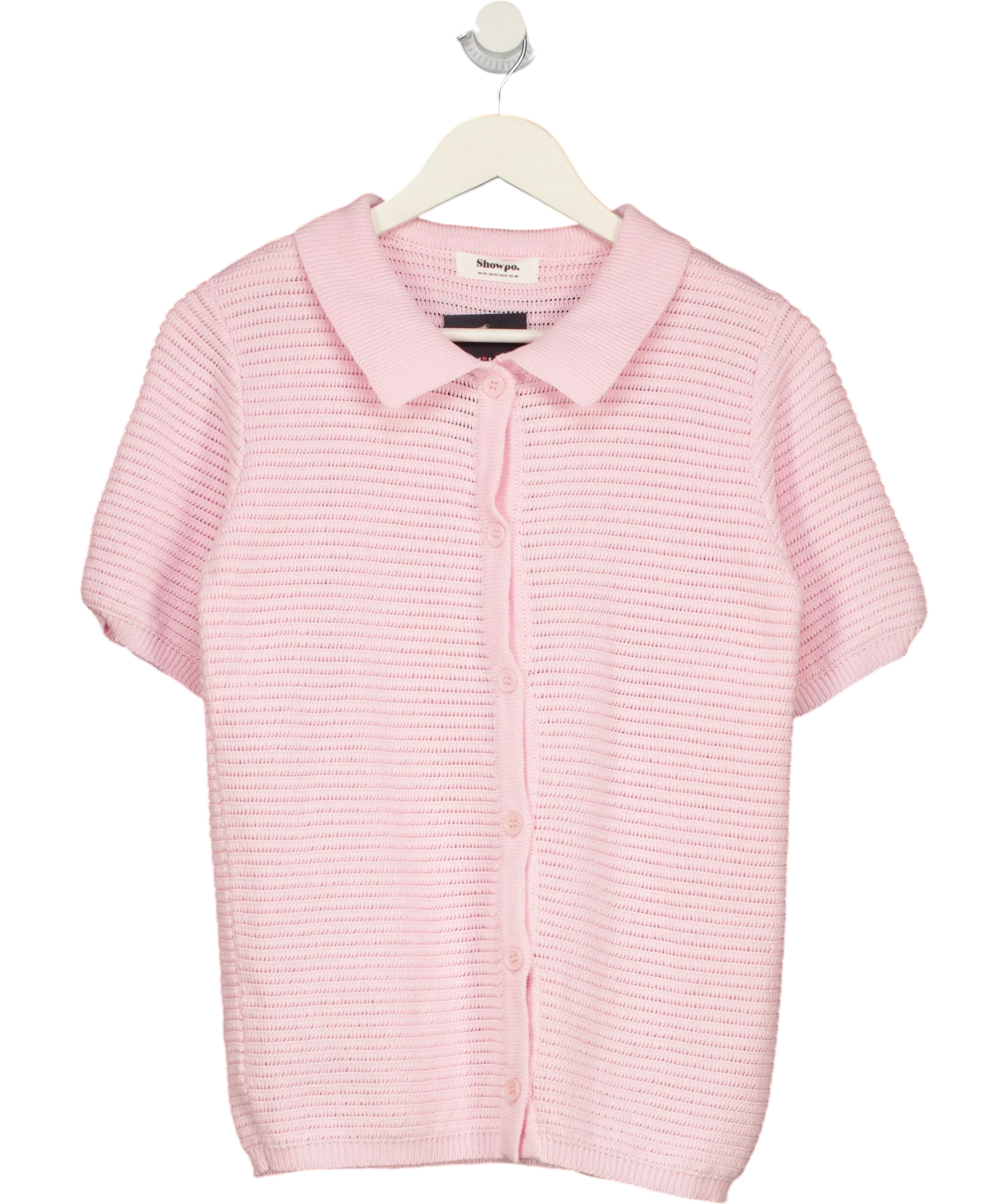Showpo Pink Short Sleeve Collared Rib Knit Cardigan Top Pink, size UK 10 — front