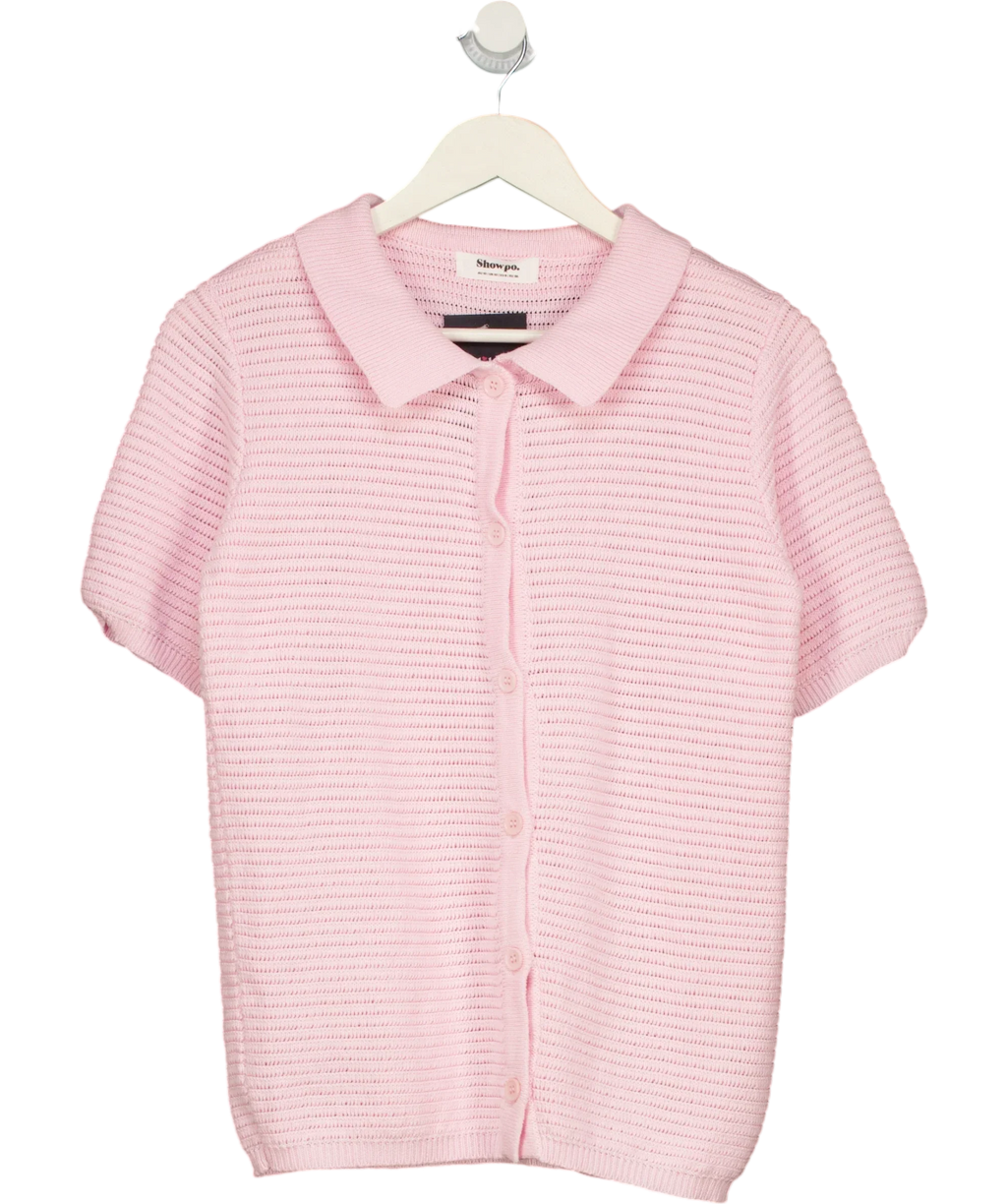 Showpo Pink Short Sleeve Collared Rib Knit Cardigan Top Pink, size UK 10 — front