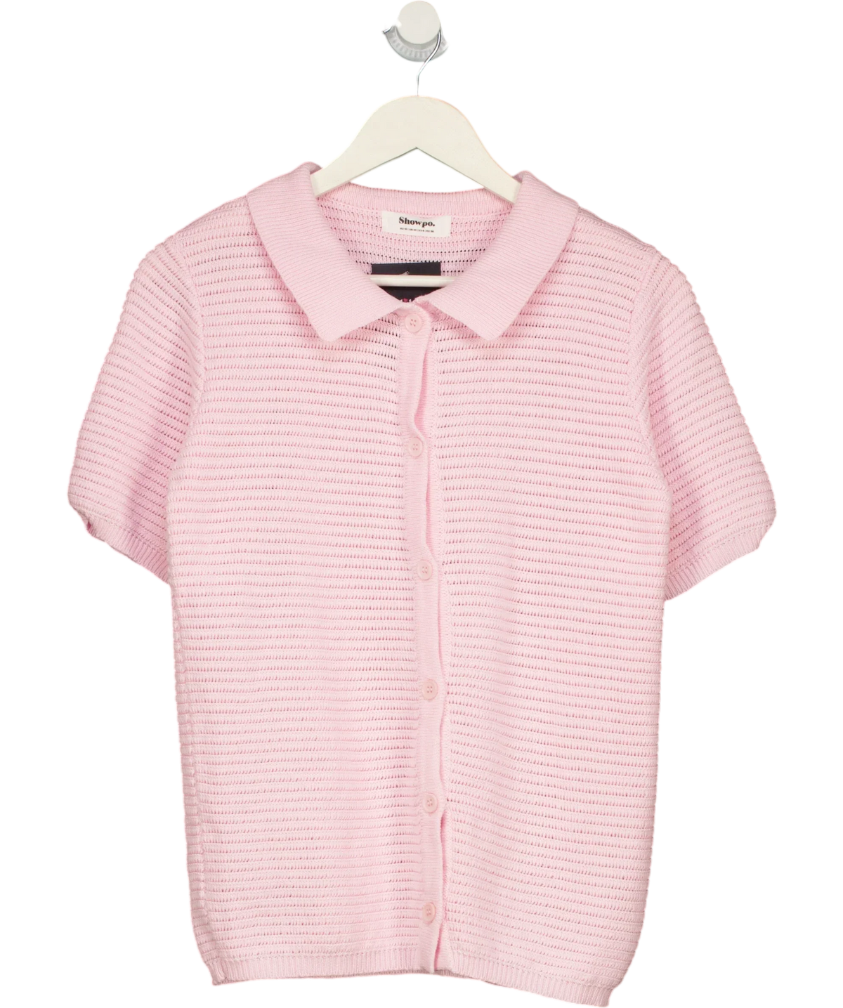 Showpo Pink Short Sleeve Collared Rib Knit Cardigan Top Pink, size UK 10 — front