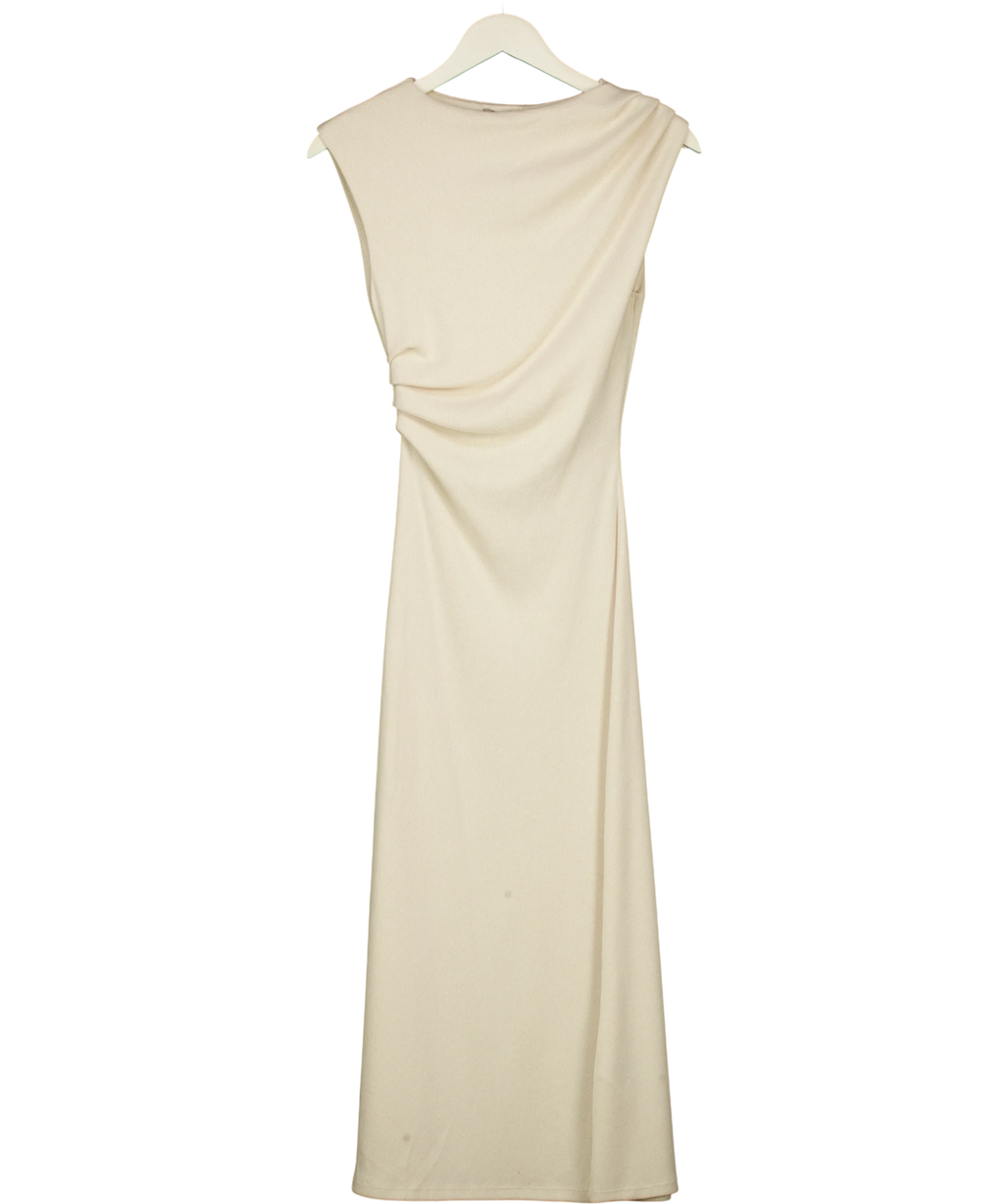 H&M Cream Draped Ruched Side Jersey Midi Dress Cream, size UK XS — front