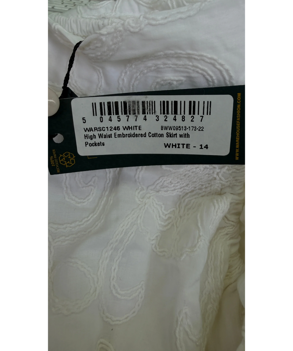 Warehouse White High Waist Embroidered Cotton Skirt & Crop Top Set White, size UK 14 — label