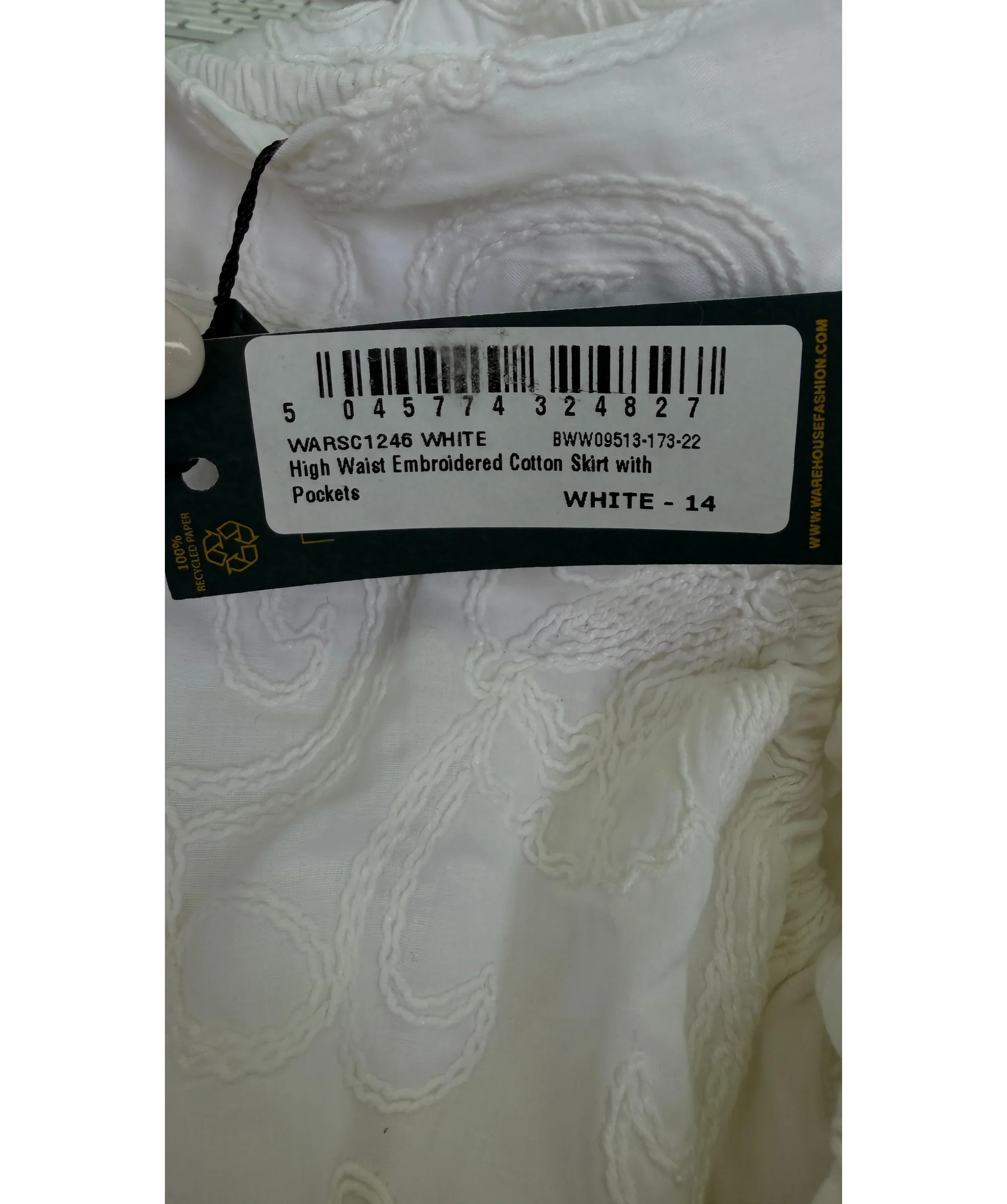Warehouse White High Waist Embroidered Cotton Skirt & Crop Top Set White, size UK 14 — label