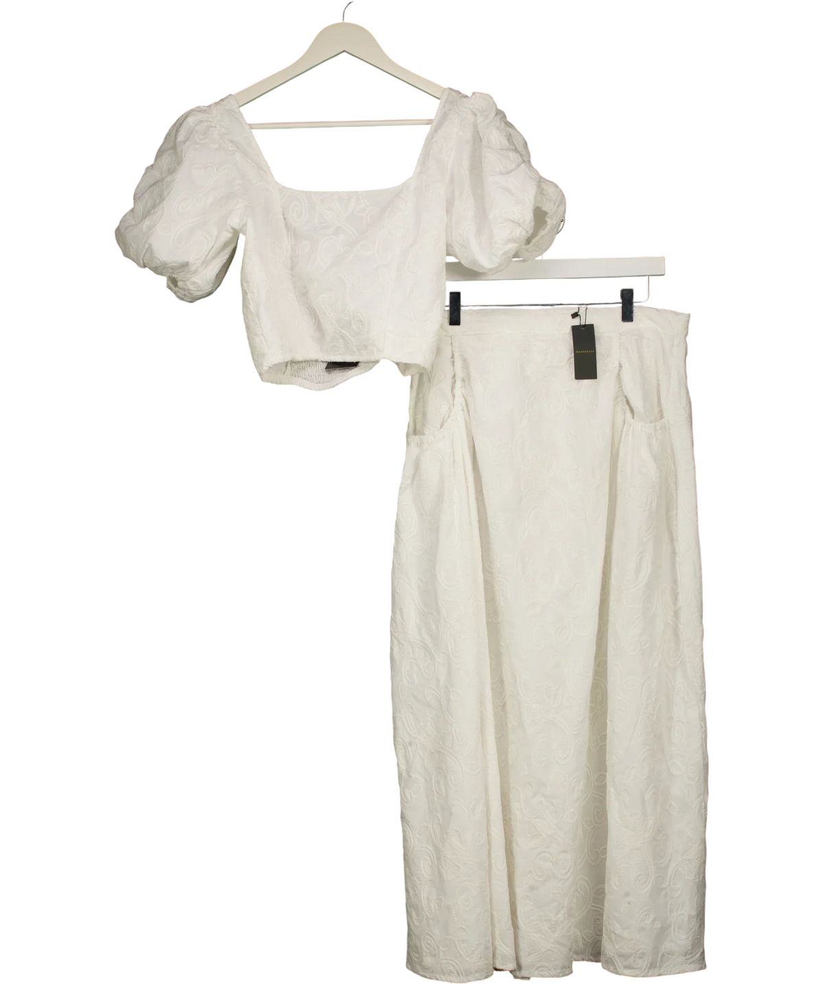 Warehouse White High Waist Embroidered Cotton Skirt & Crop Top Set White, size UK 14 — front