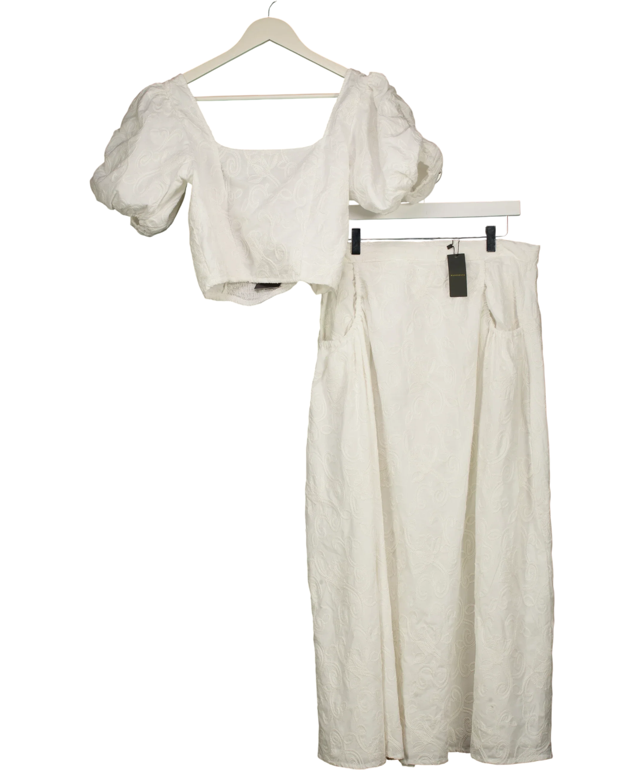 Warehouse White High Waist Embroidered Cotton Skirt & Crop Top Set White, size UK 14 — front