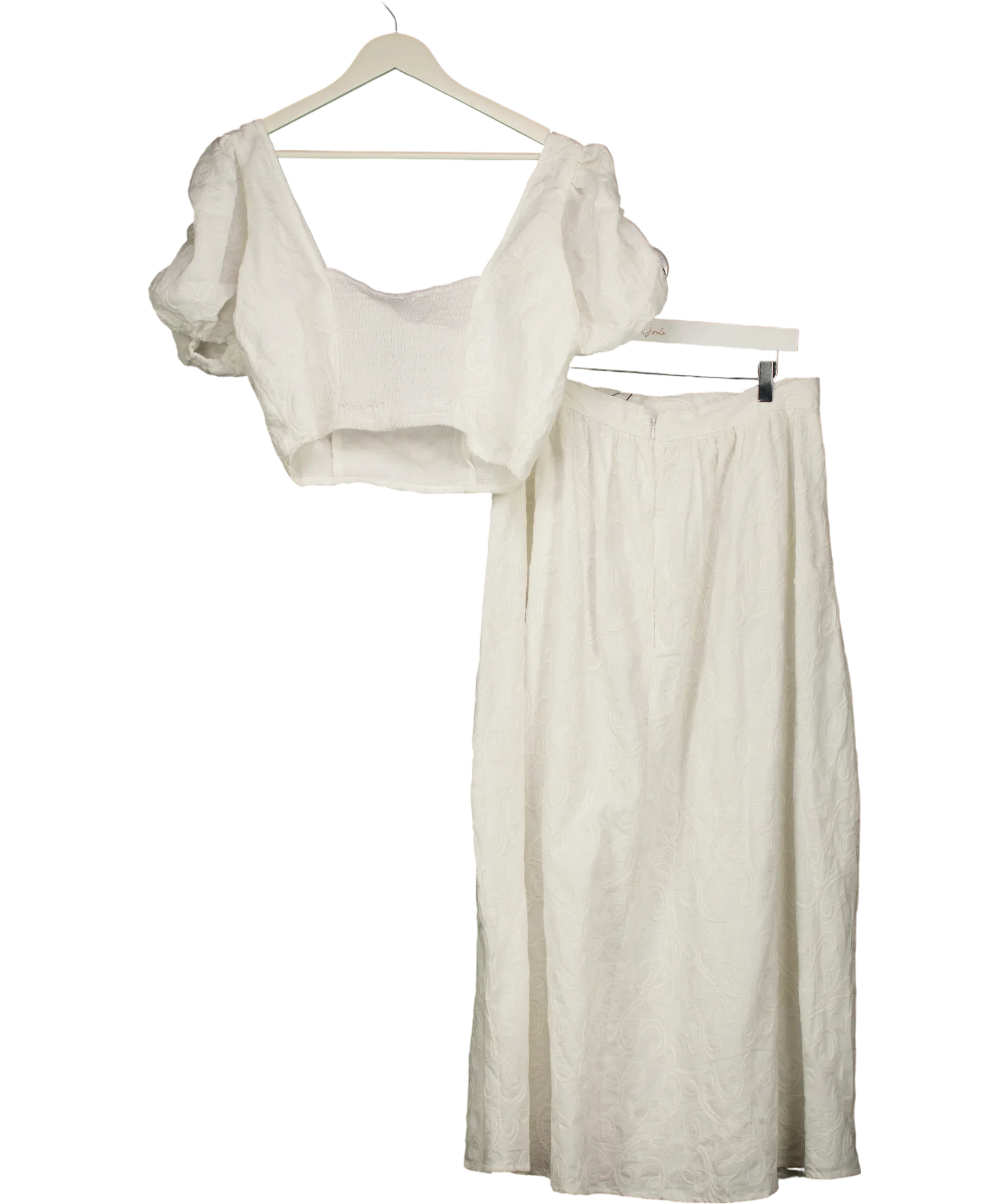 Warehouse White High Waist Embroidered Cotton Skirt & Crop Top Set White, size UK 14 — back