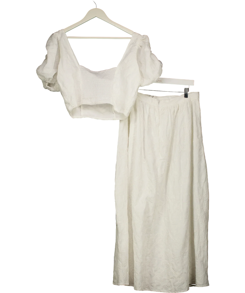 Warehouse White High Waist Embroidered Cotton Skirt & Crop Top Set White, size UK 14 — back