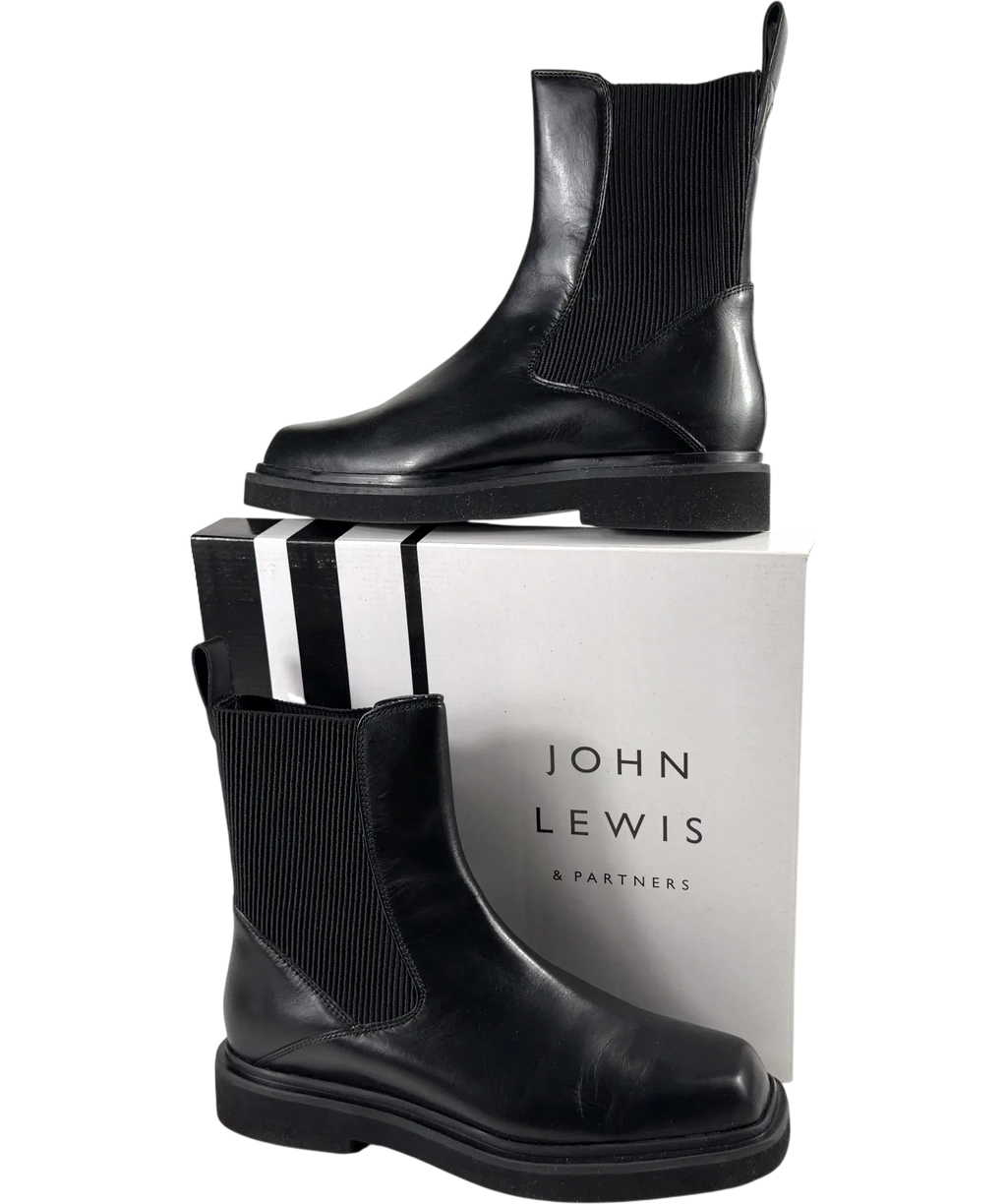 John Lewis Black Pads Leather Chip Toe Moto Chelsea Boots, size UK 6.5 EU 40.5 👞 — front