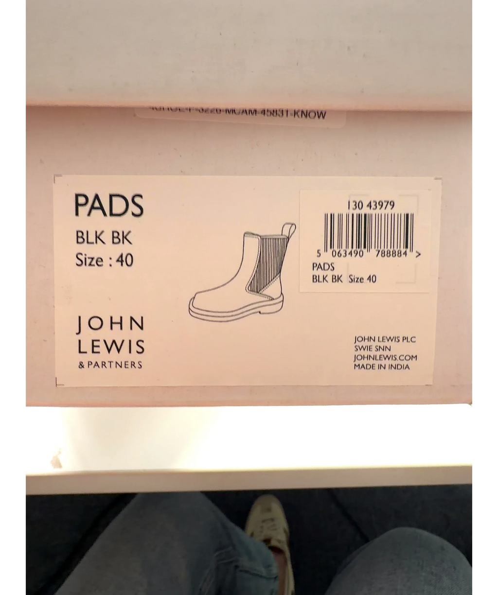 John Lewis Black Pads Leather Chip Toe Moto Chelsea Boots, size UK 6.5 EU 40.5 👞 — fabric detail