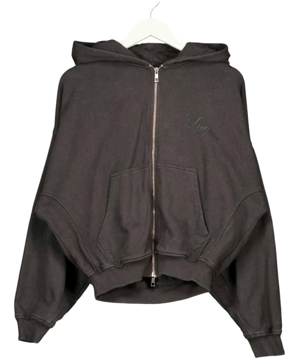 Leny Black Black Embroidered Script Zip Up Hoodie, size UK S — front