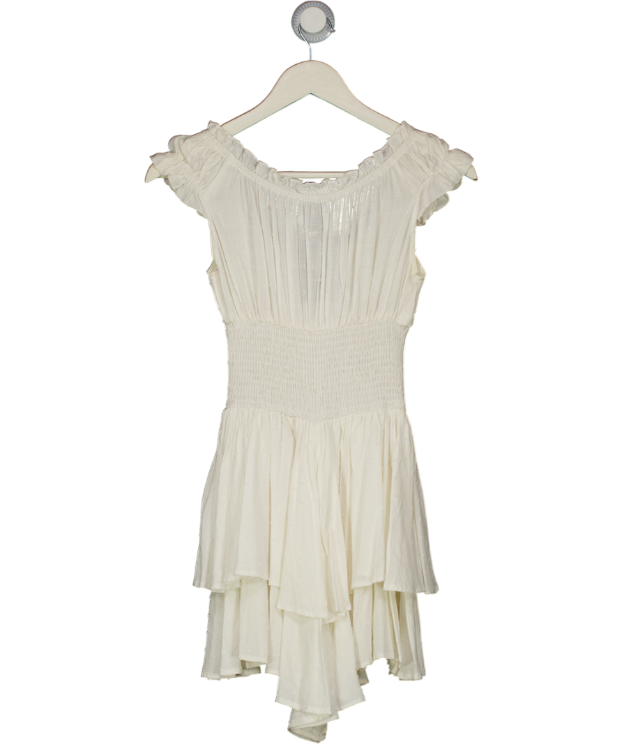 PRINCESS POLLY White Swiss Dot Shirred Waist Mini Dress UK 4