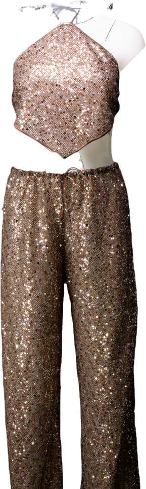 Oséree Metallic Sequin Flared Trousers And Crop Top UK S