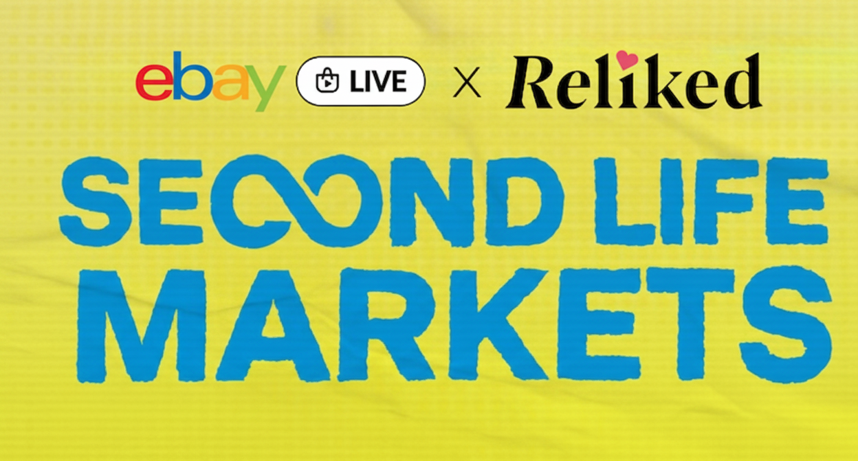 Promotional graphic for a live eBay x Reliked Second Life Markets event, dated Sunday 5 July. The design features a bright yellow background with bold blue text, the eBay and Reliked logos at the top, and a green and red sketch of a winged creature.