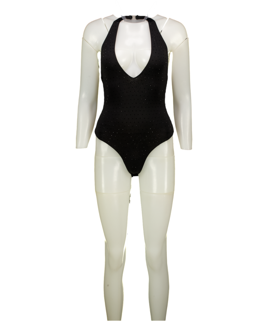 OH POLLY Black Embellished Halter Neck Bodysuit UK 6