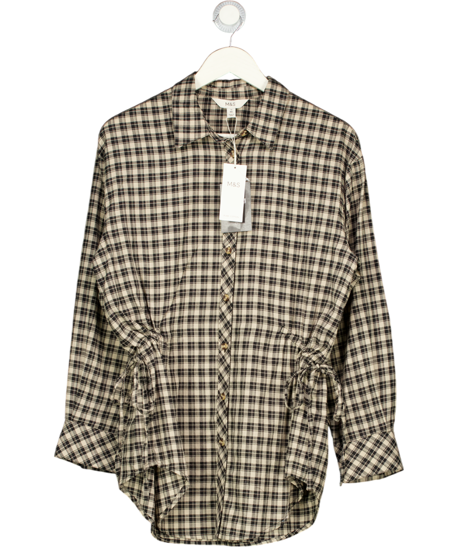 M&S Black Mix Pure Cotton Checked Drawcord Waist Shirt UK 12
