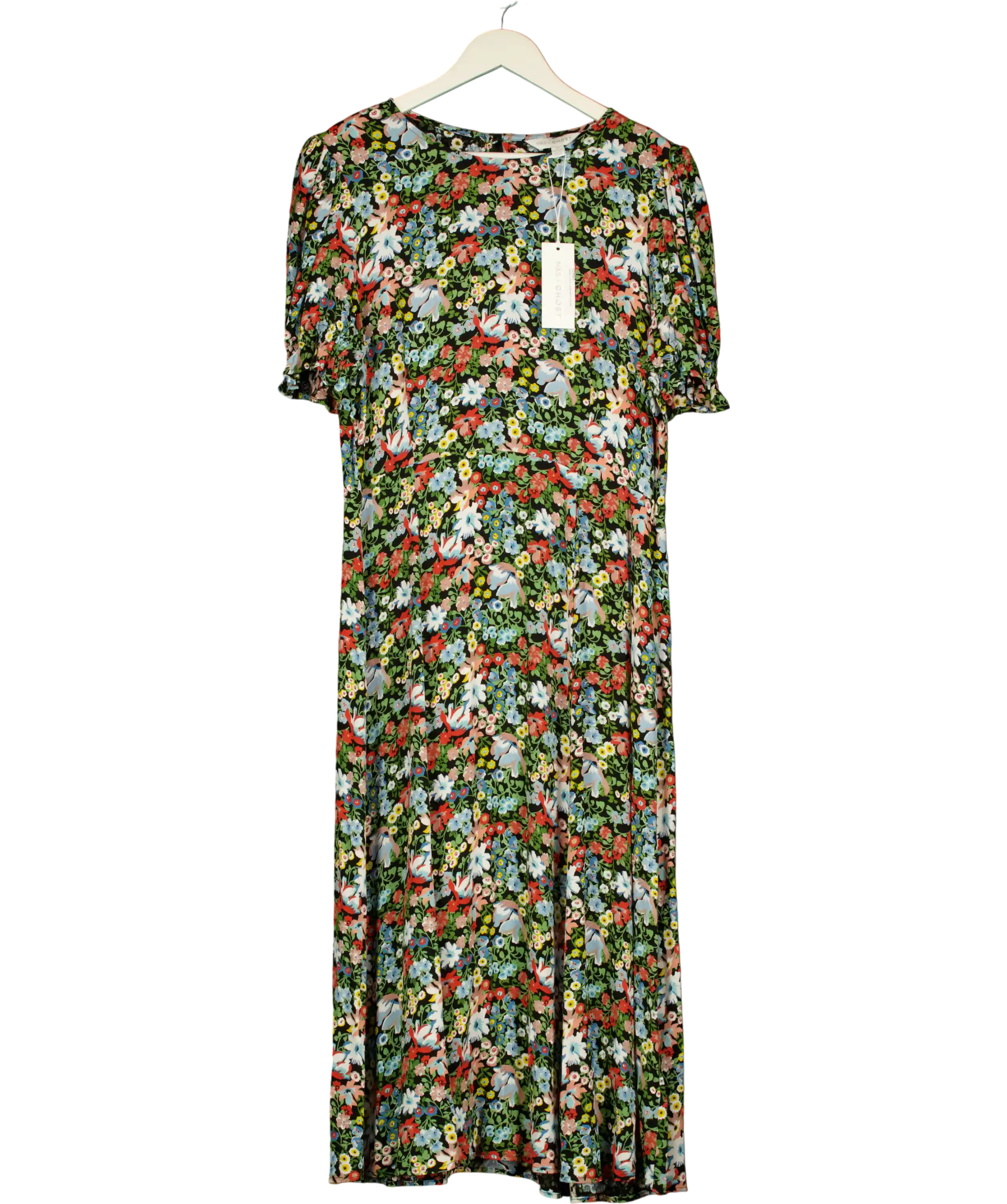M&S X Ghost Black / Multi Floral Midi Dress UK 16