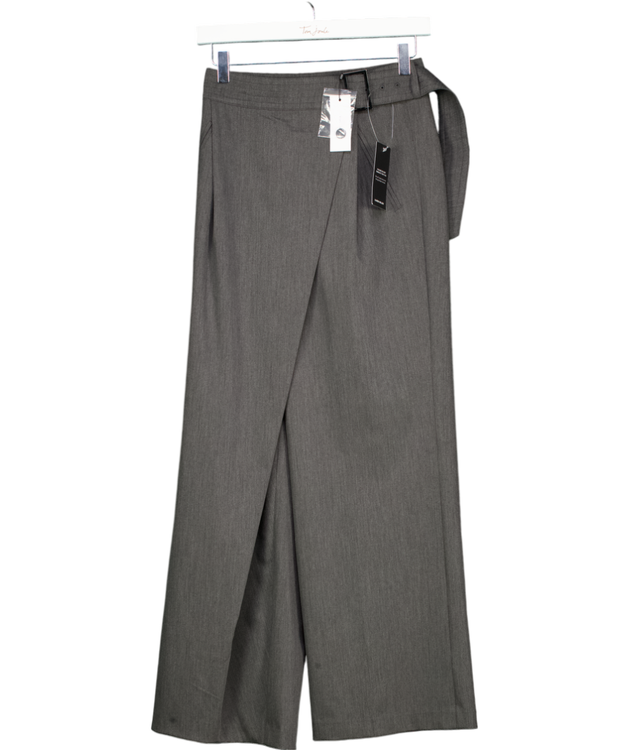 Karen Millen Grey Petite Polished Viscose Belted Tailored Wide Leg Trousers UK 8