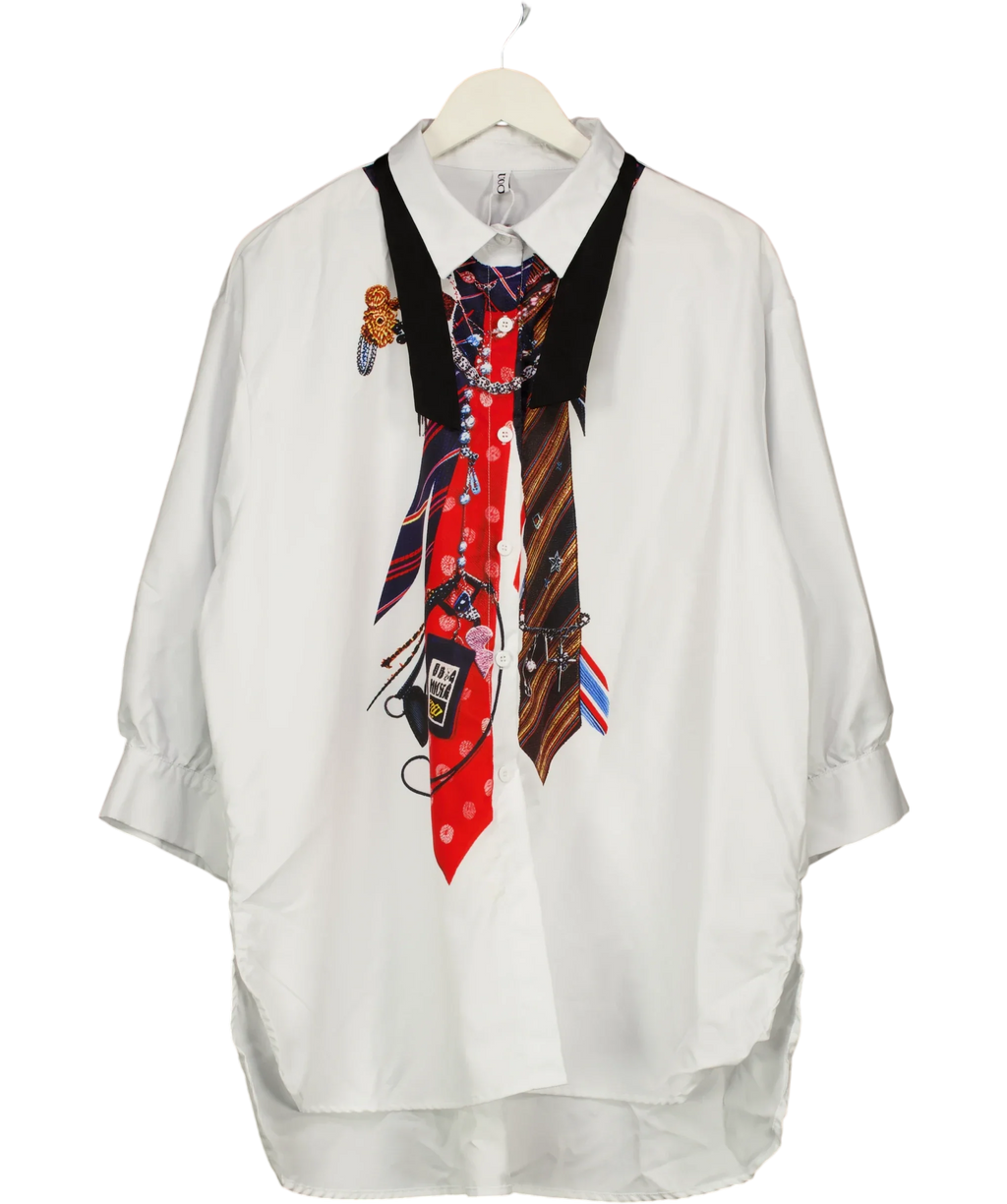 UOOZEE White Tie Print Oversized Button Up Shirt White, size UK XXL — front