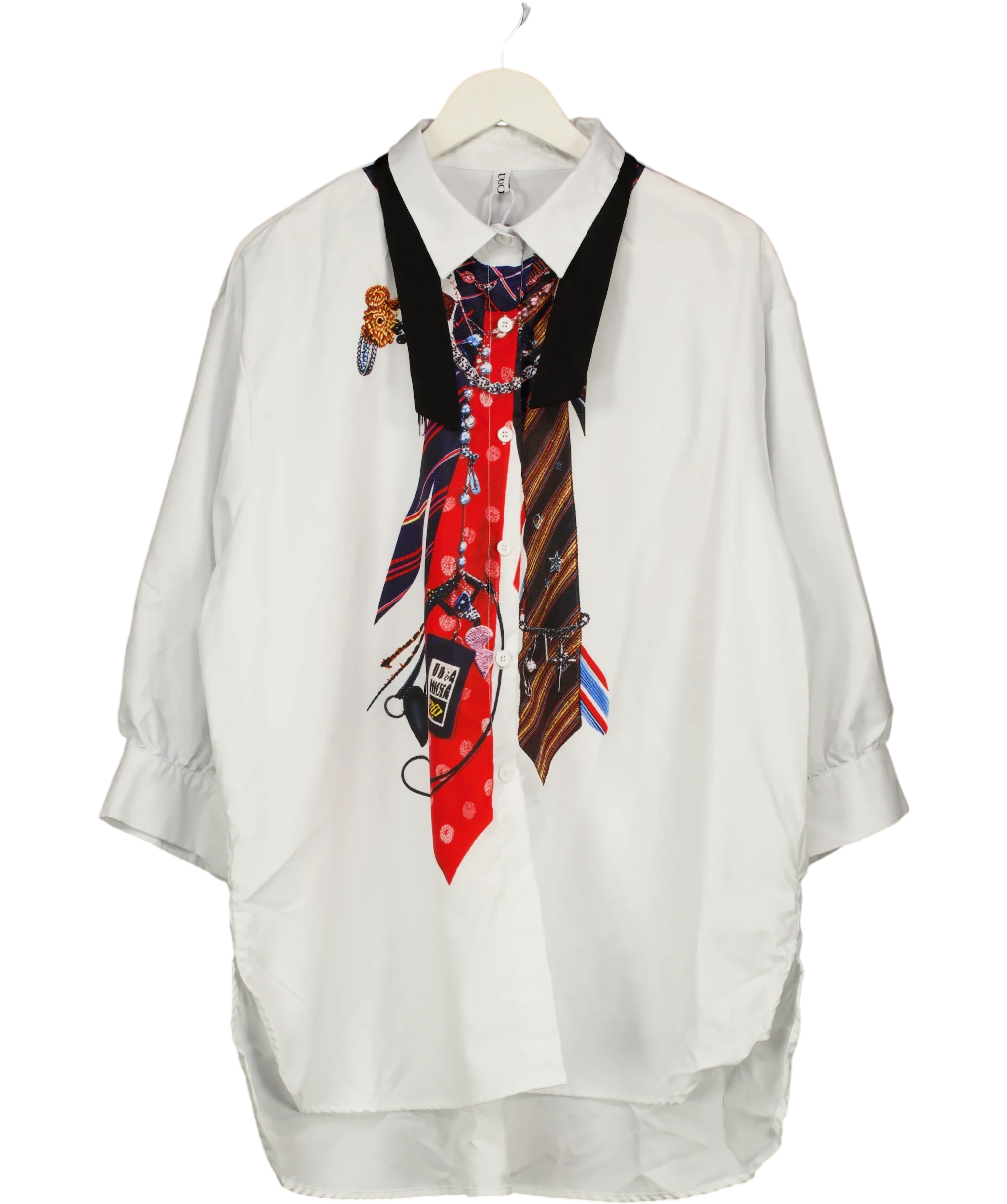 UOOZEE White Tie Print Oversized Button Up Shirt White, size UK XXL — front