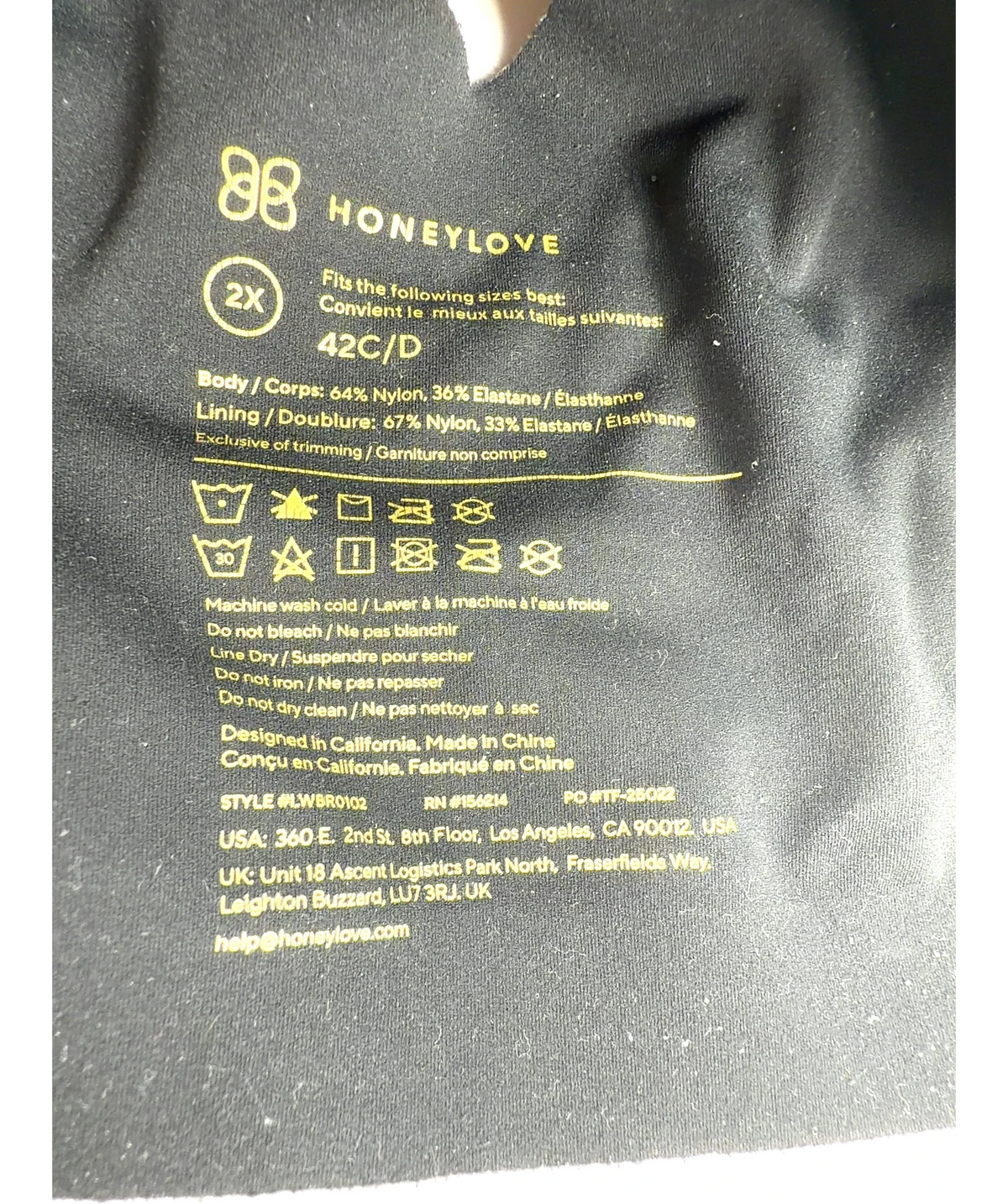Honeylove Black Colour, size UK 42C — label