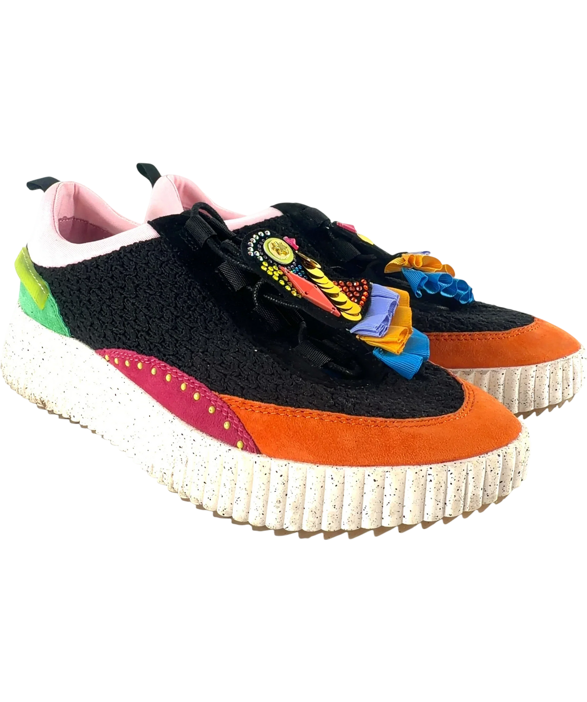 Kat Maconie Multicoloured Mika Black Multi Embellished Knit Platform Trainers, size UK 8 EU 41 👠 — front