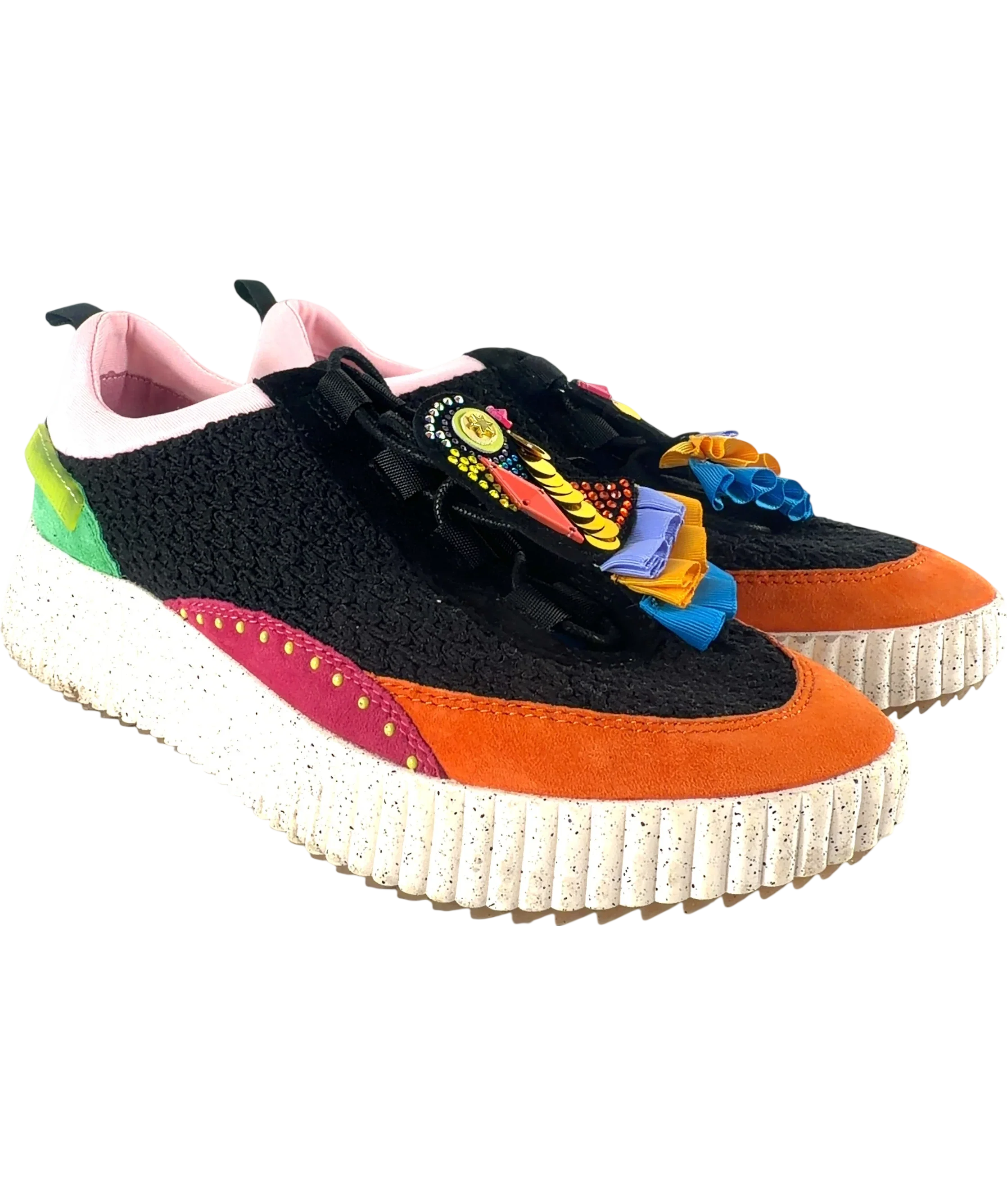 Kat Maconie Multicoloured Mika Black Multi Embellished Knit Platform Trainers, size UK 8 EU 41 👠 — front