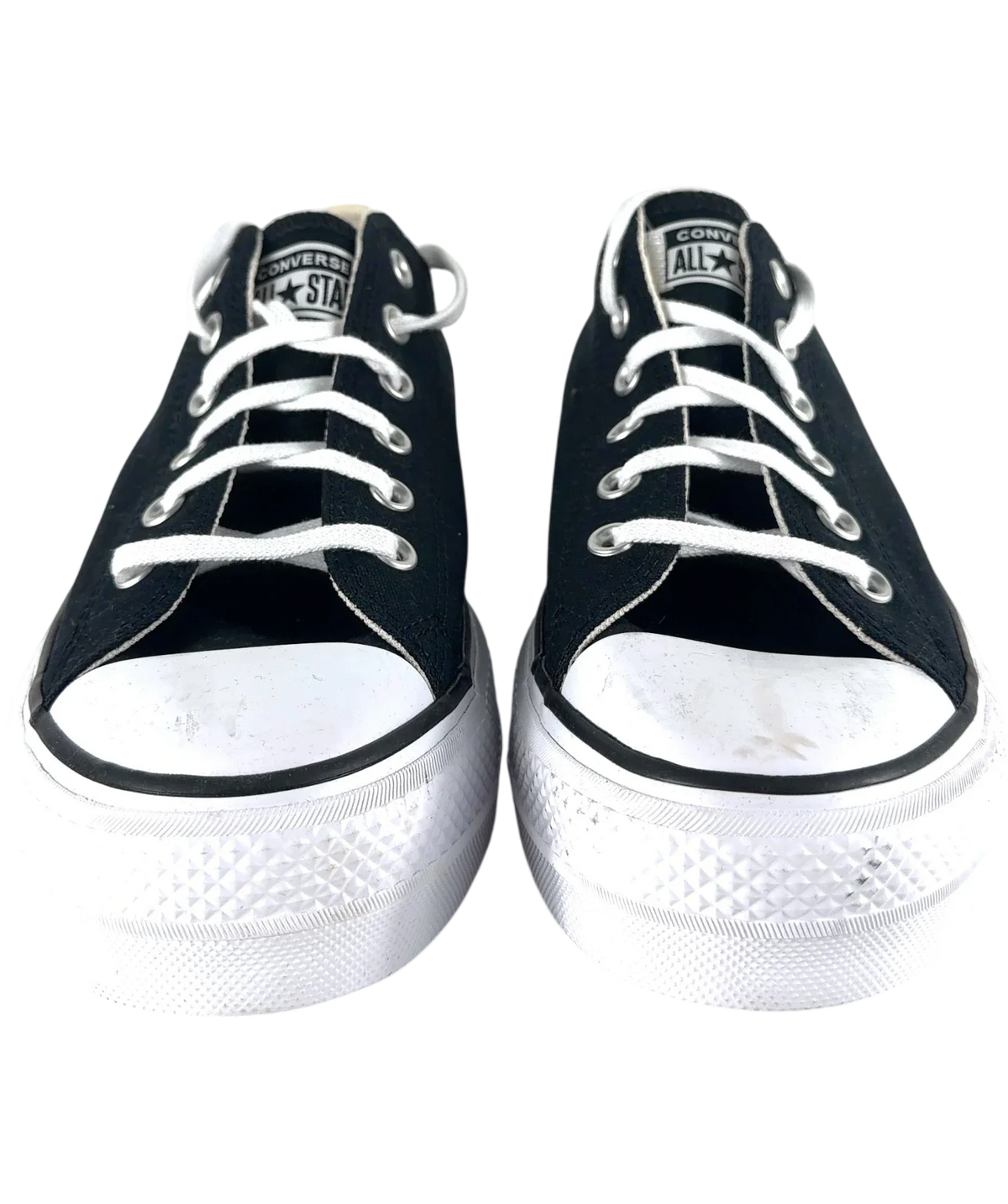 Converse Black Chuck Taylor All Star Lift Platform Ox Trainers UK 8.5 EU 41.5 — Front (both, face on)