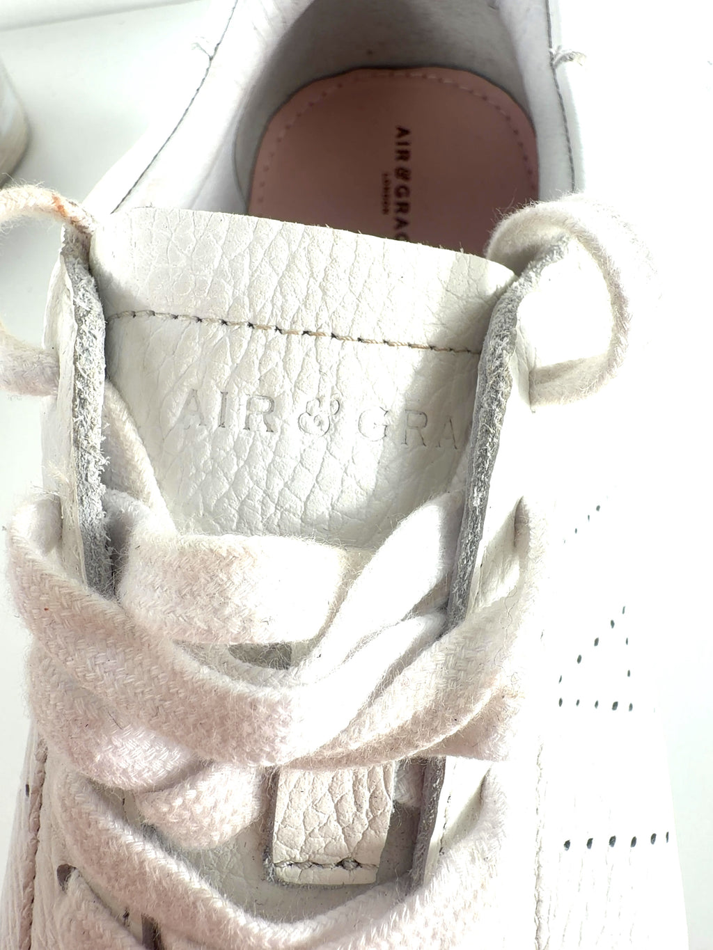 Air & Grace White QC Ivy Perforated Leather Platform Trainers White, size UK 9 EU 42 👠 — care label