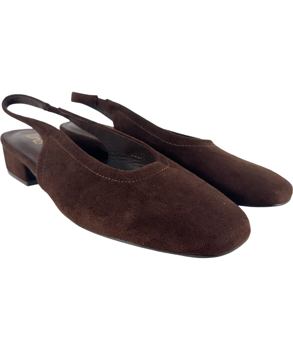 LINZI Brown Glide Brown Faux Suede Closed Toe Slingback Heels, size UK 8 EU 41 👠 — front