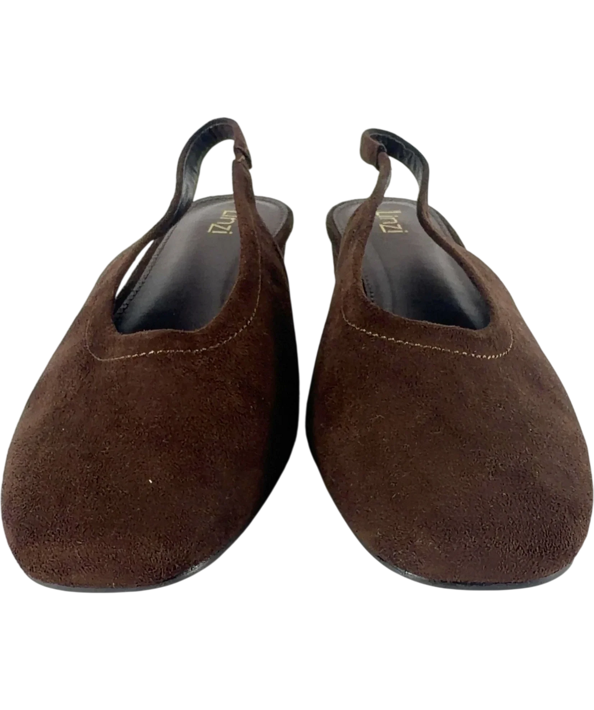 LINZI Glide Brown Faux Suede Closed Toe Slingback Heels UK 8 EU 41 — Front (both, face on)