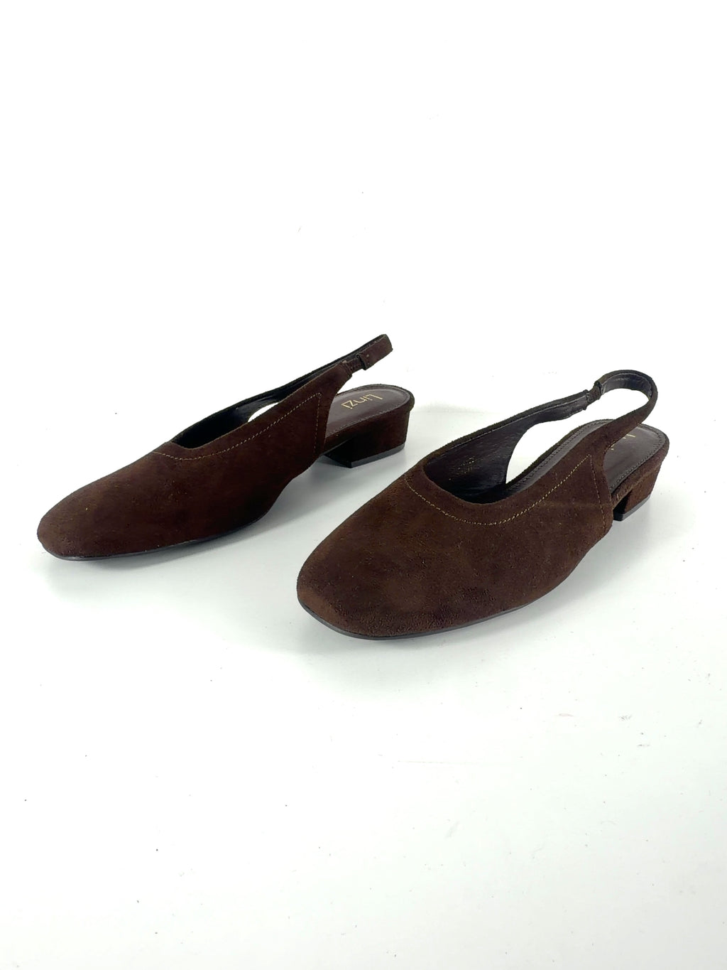 LINZI Brown Glide Brown Faux Suede Closed Toe Slingback Heels, size UK 8 EU 41 👠 — label