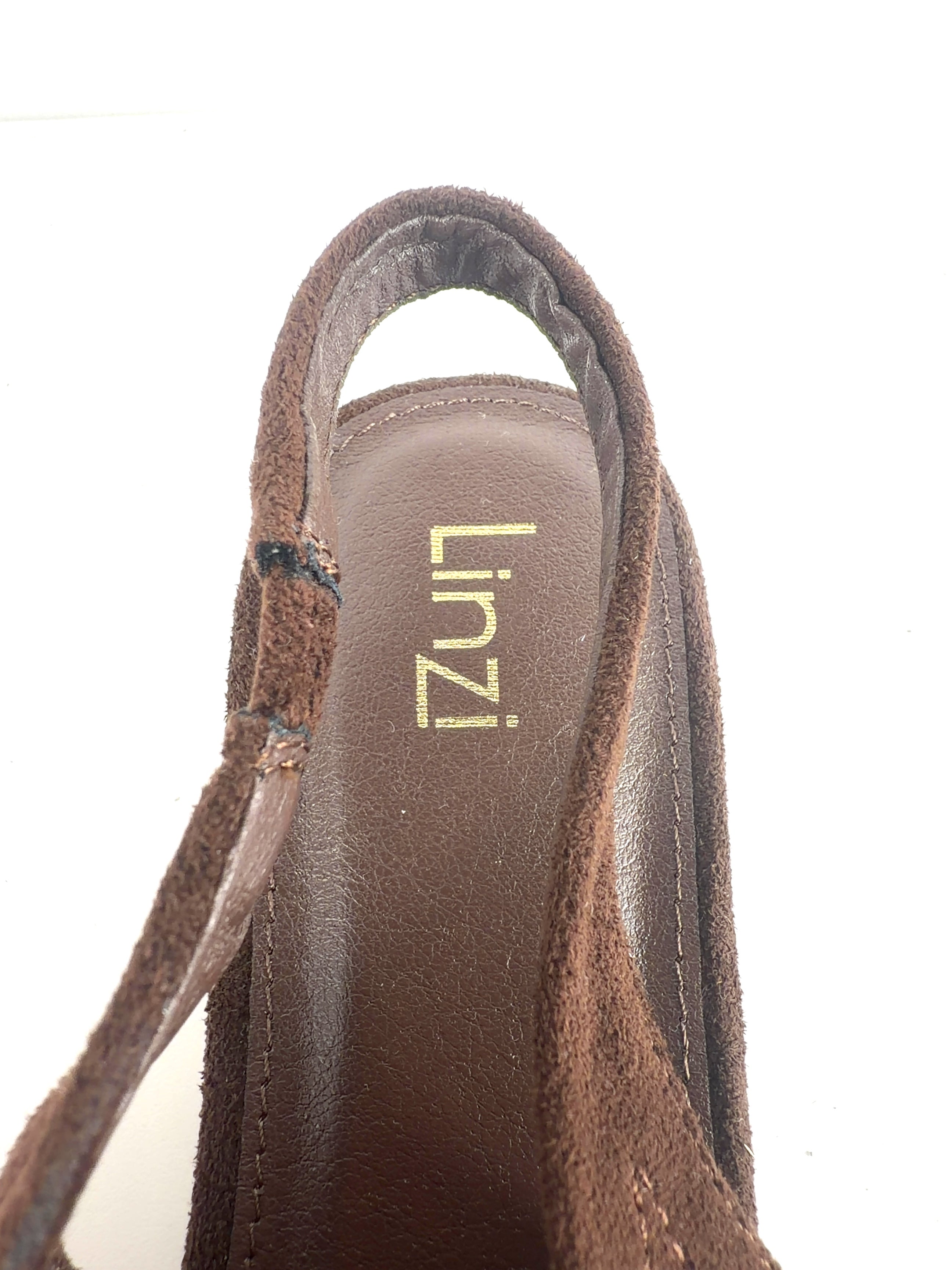 LINZI Brown Glide Brown Faux Suede Closed Toe Slingback Heels, size UK 8 EU 41 👠 — care label