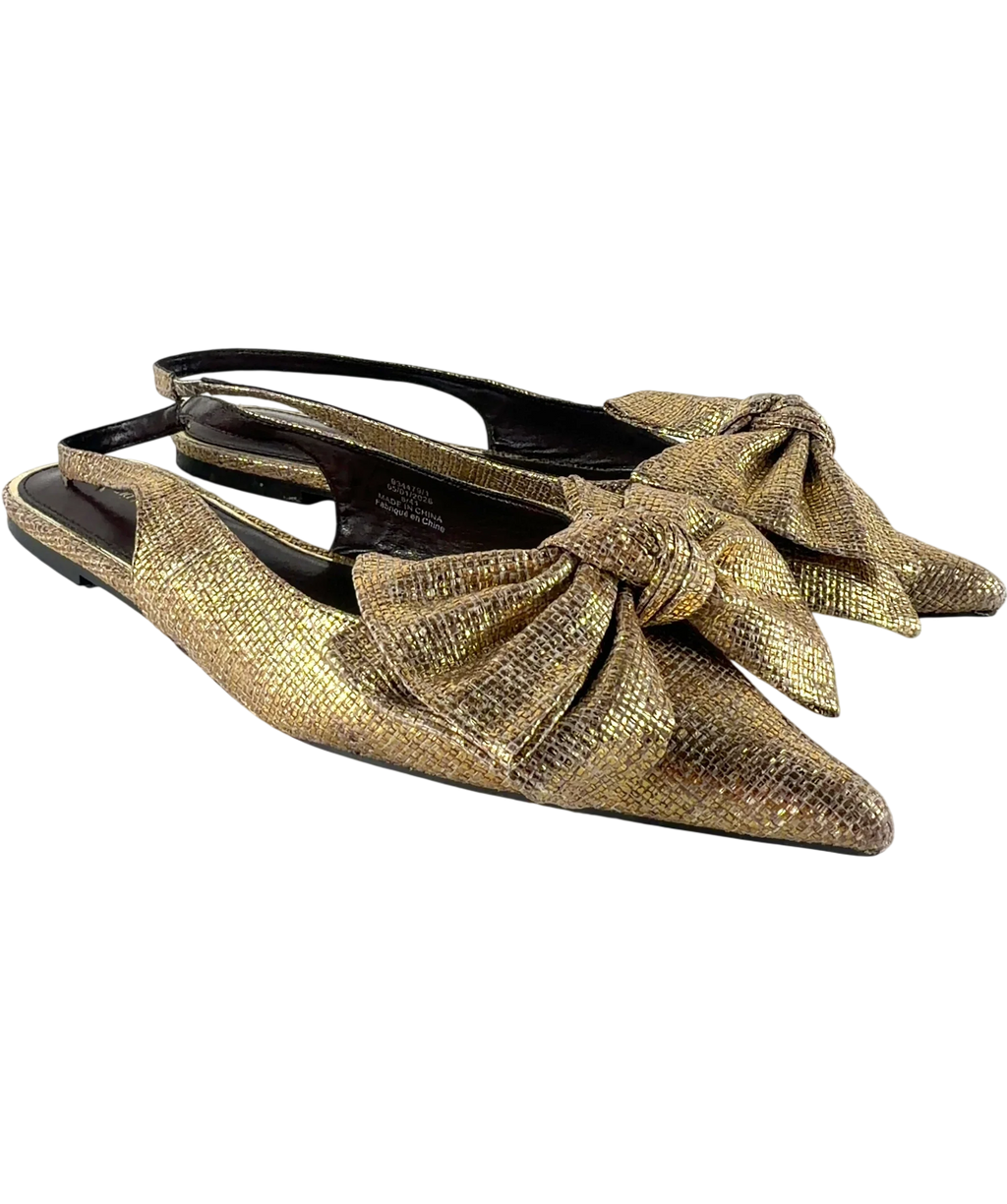 River Island Metallic Metallic Bow Slingback Flat Pointed Pumps Gold, size UK 8 EU 41 👠 — front