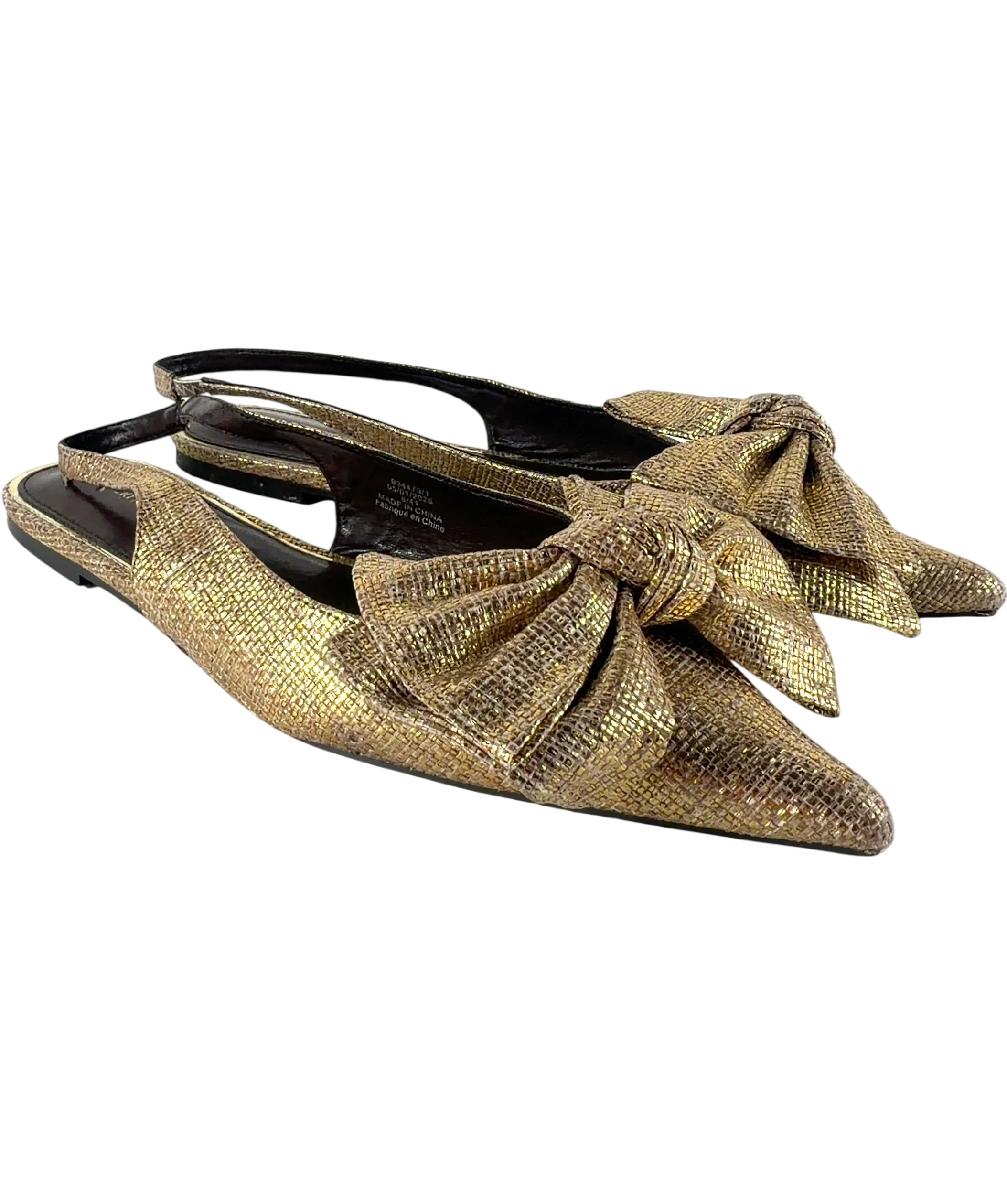 River Island Metallic Metallic Bow Slingback Flat Pointed Pumps Gold, size UK 8 EU 41 👠 — front