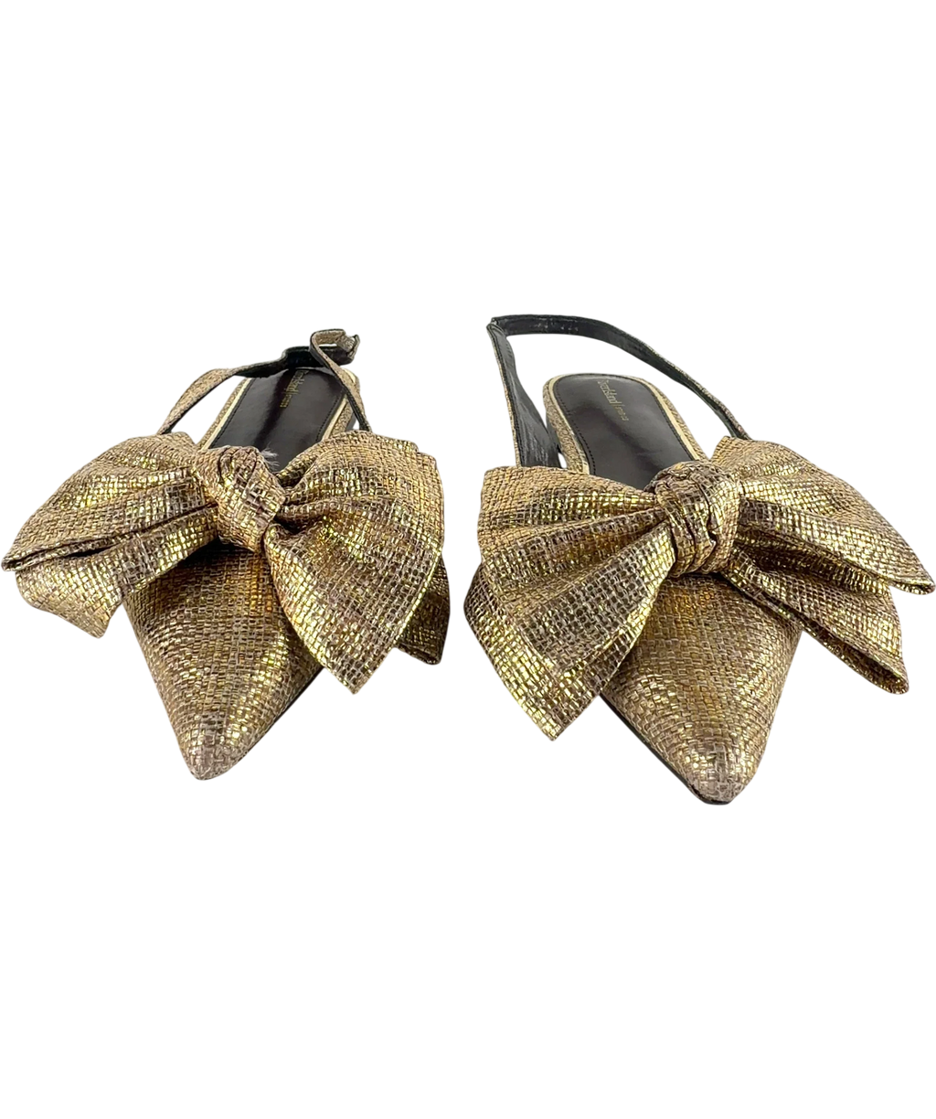 River Island Metallic Bow Slingback Flat Pointed Pumps Gold UK 8 EU 41 — Front (both, face on)