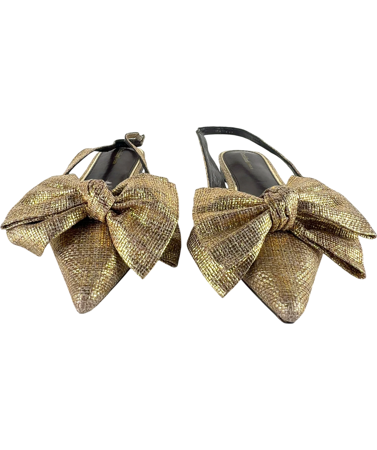 River Island Metallic Bow Slingback Flat Pointed Pumps Gold UK 8 EU 41 — Front (both, face on)